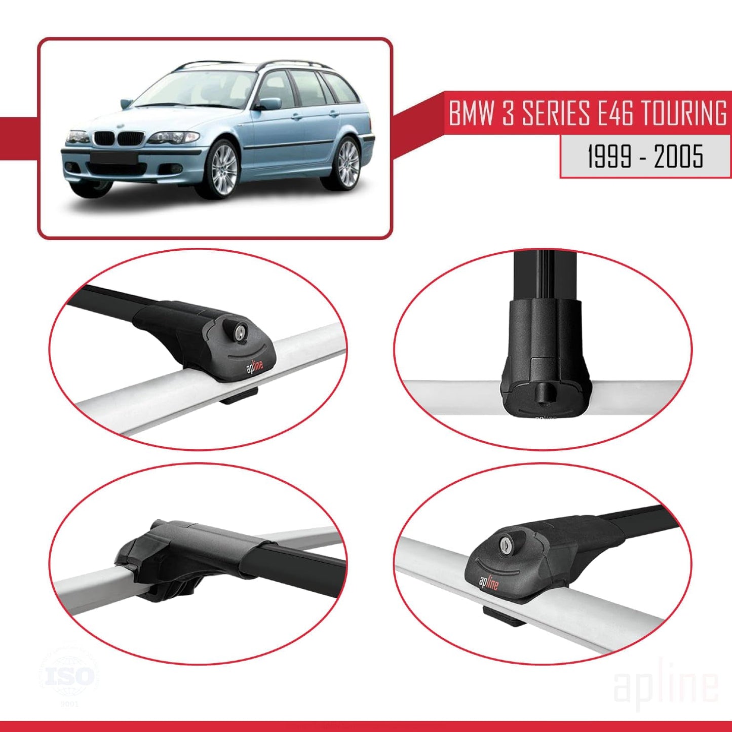 Compatible with BMW 3 Series (E46) Touring 1999-2005 ACE-1 Car Roof Rack Cross Bar Black Aluminium 3 Bars