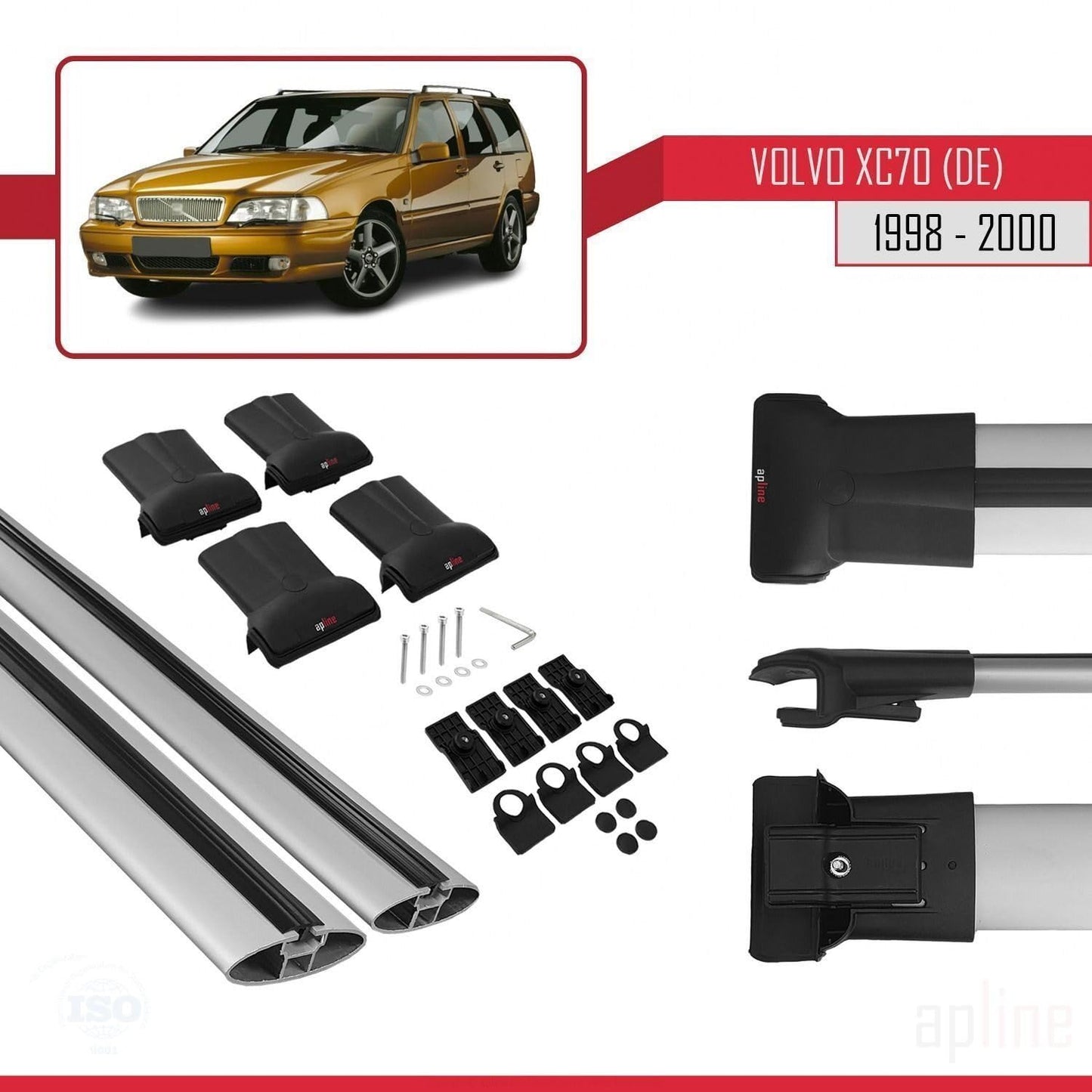 Compatible with Volvo XC70 1998-2000 Fly Model Car Roof Rack Cross Bar Grey Aluminium 2 Bars