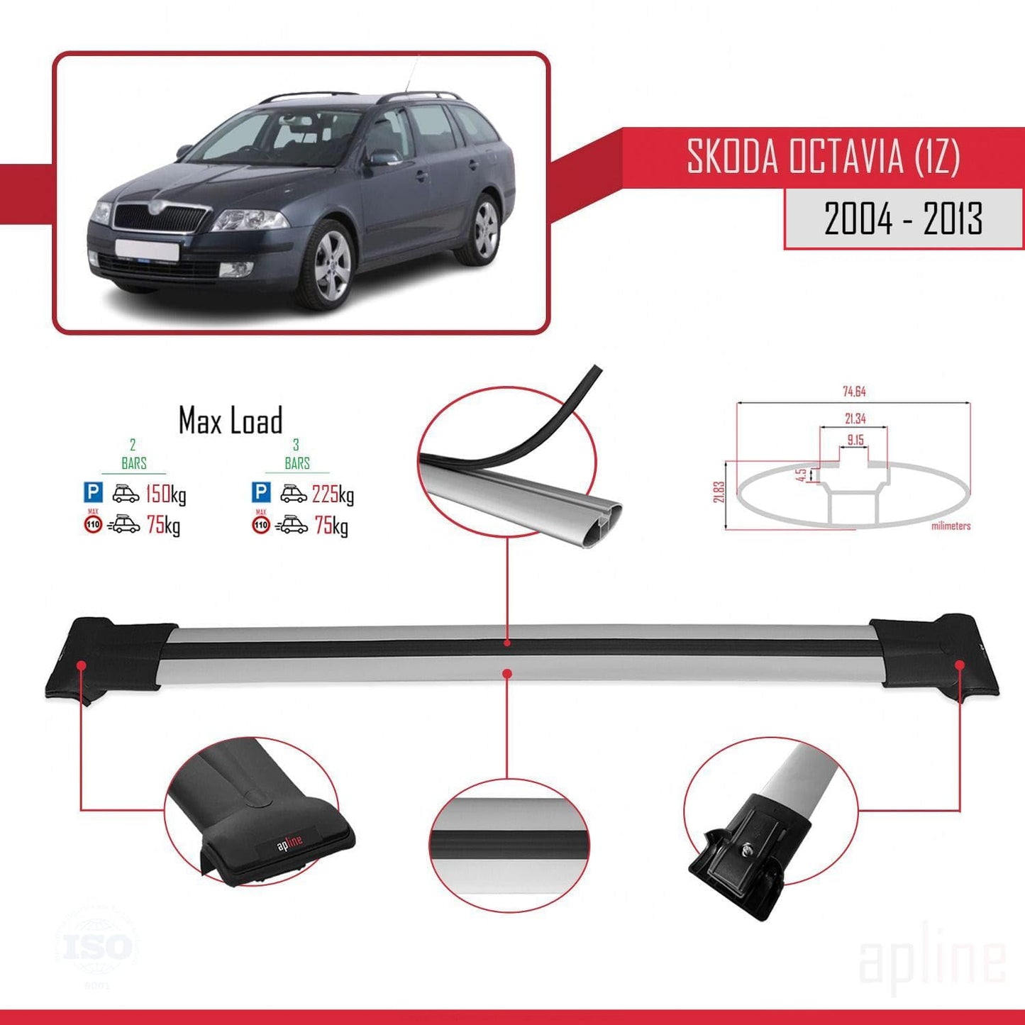 Compatible with Skoda Octavia 2 (1Z) 2004-2013 Fly Model Car Roof Rack Cross Bar Grey Aluminium 2 Bars