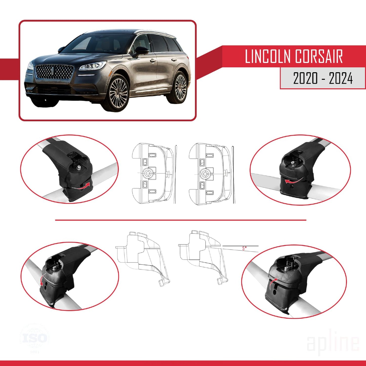 Compatible with Lincoln Corsair 2020-2024 ACE-2 Car Roof Rack Cross Bar Grey Aluminium 2 Bars