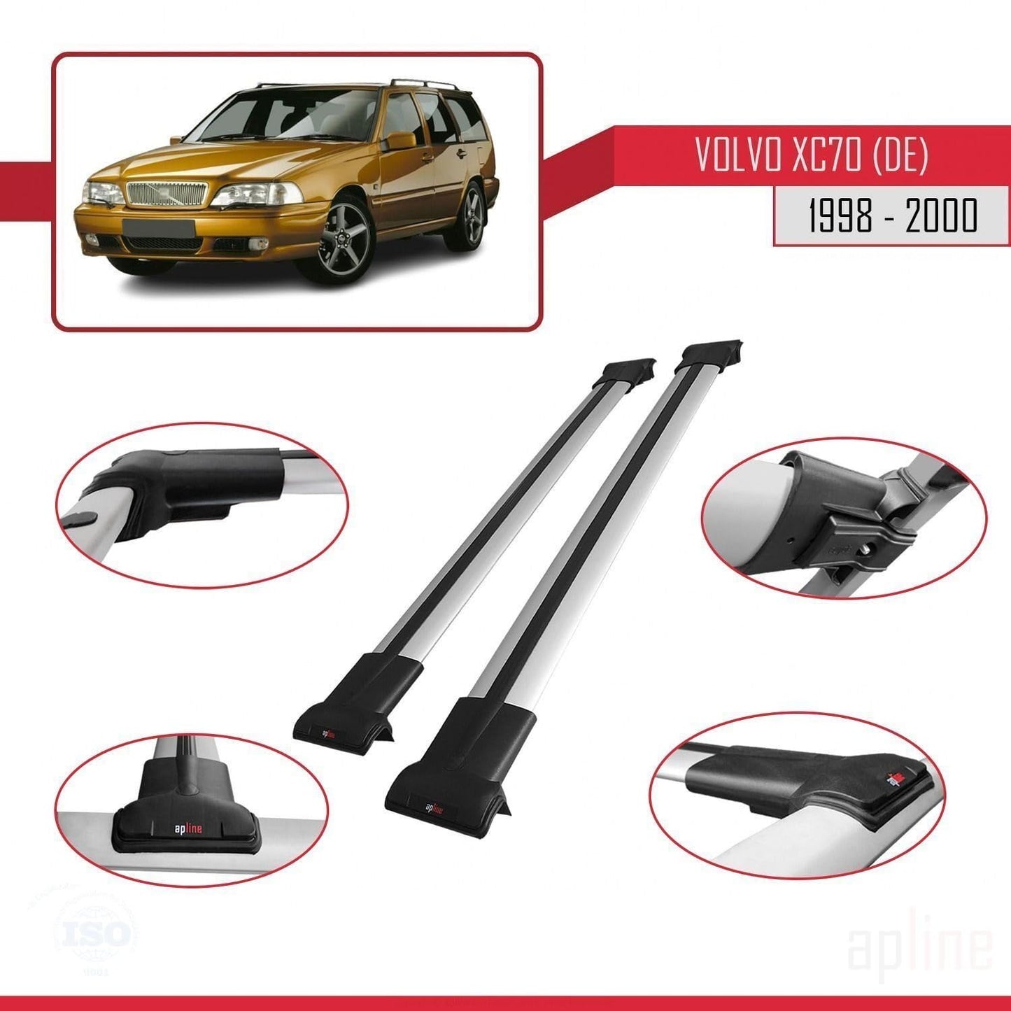 Compatible with Volvo XC70 1998-2000 Fly Model Car Roof Rack Cross Bar Grey Aluminium 2 Bars