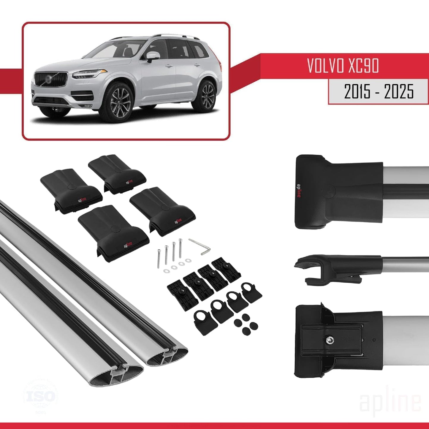 Compatible with Volvo XC90 II 2015-2025 Fly Model Car Roof Rack Cross Bar Grey Aluminium 2 Bars