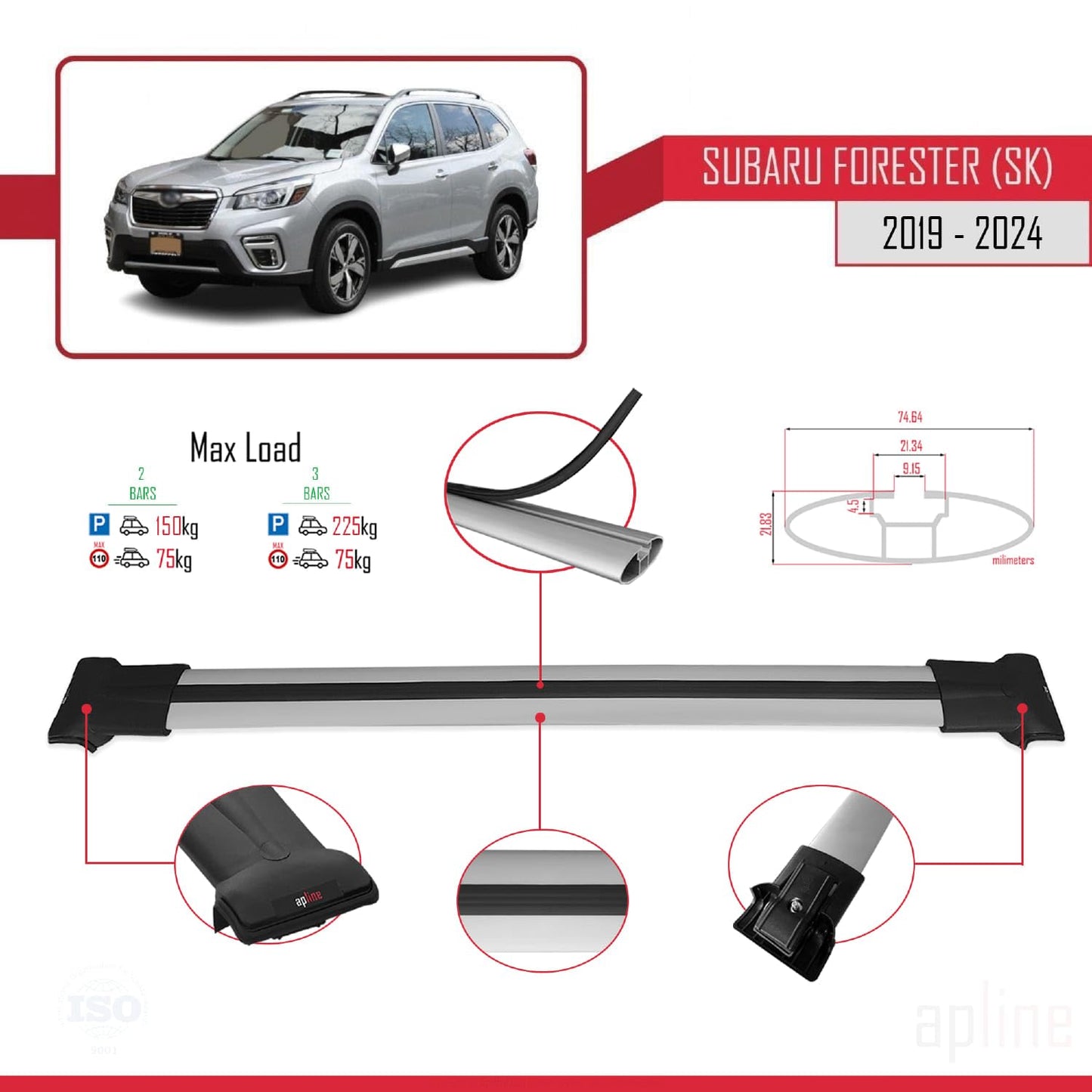 Compatible with Subaru Forester 5 (SK) 2019-2024 Fly Model Car Roof Rack Cross Bar Grey Aluminium 2 Bars