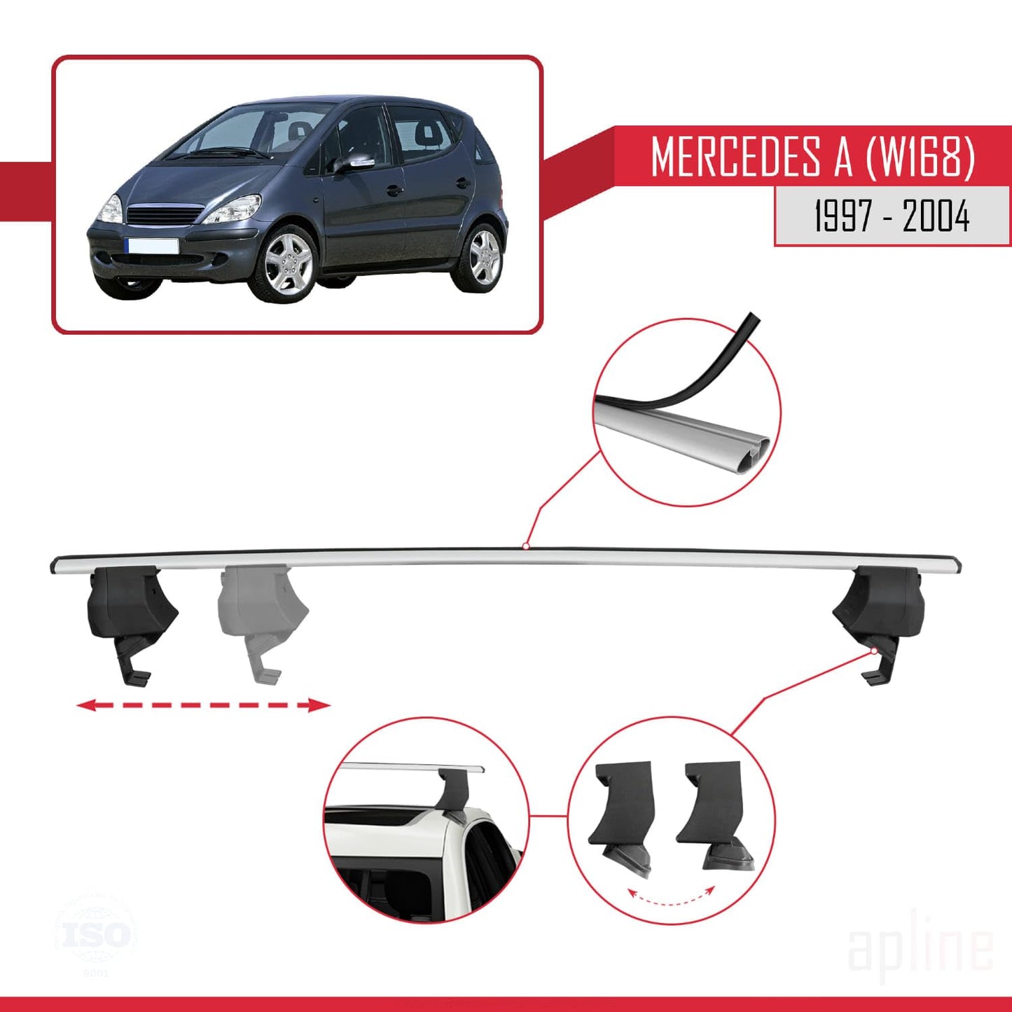 Compatible with Mercedes A Class (W168) 1997-2004 ACE-4 Car Roof Rack Cross Bar Grey Aluminium 2 Bars