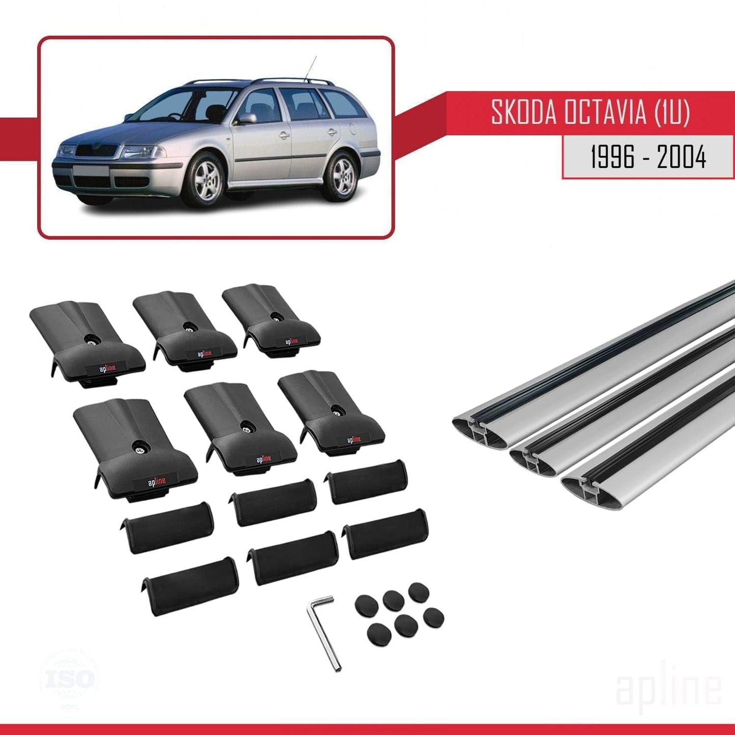 Compatible with Skoda Octavia (1U) 1996-2004 Fly Model Car Roof Rack Cross Bar Grey Aluminium 3 Bars