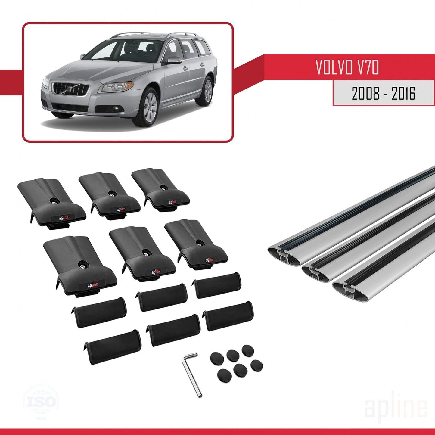 Compatible with Volvo V70 III 2008-2016 Fly Model Car Roof Rack Cross Bar Grey Aluminium 3 Bars