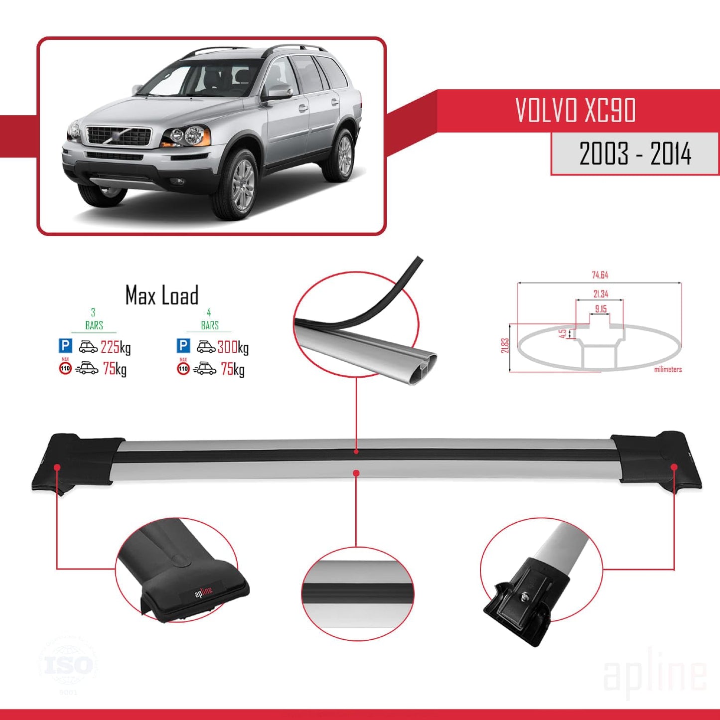 Compatible with Volvo XC90 2003-2014 Fly Model Car Roof Rack Cross Bar Grey Aluminium 3 Bars