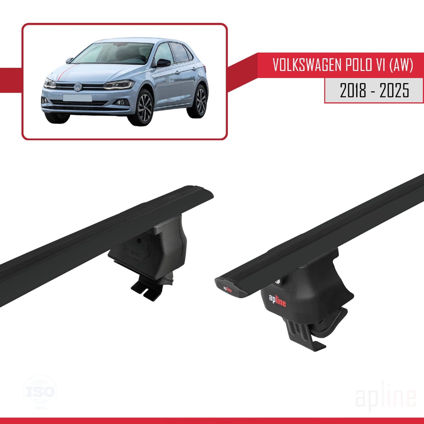 Compatible with Volkswagen Polo 6 (AW) 2018-2025 ACE-4 Car Roof Rack Cross Bar Black Aluminium 2 Bars
