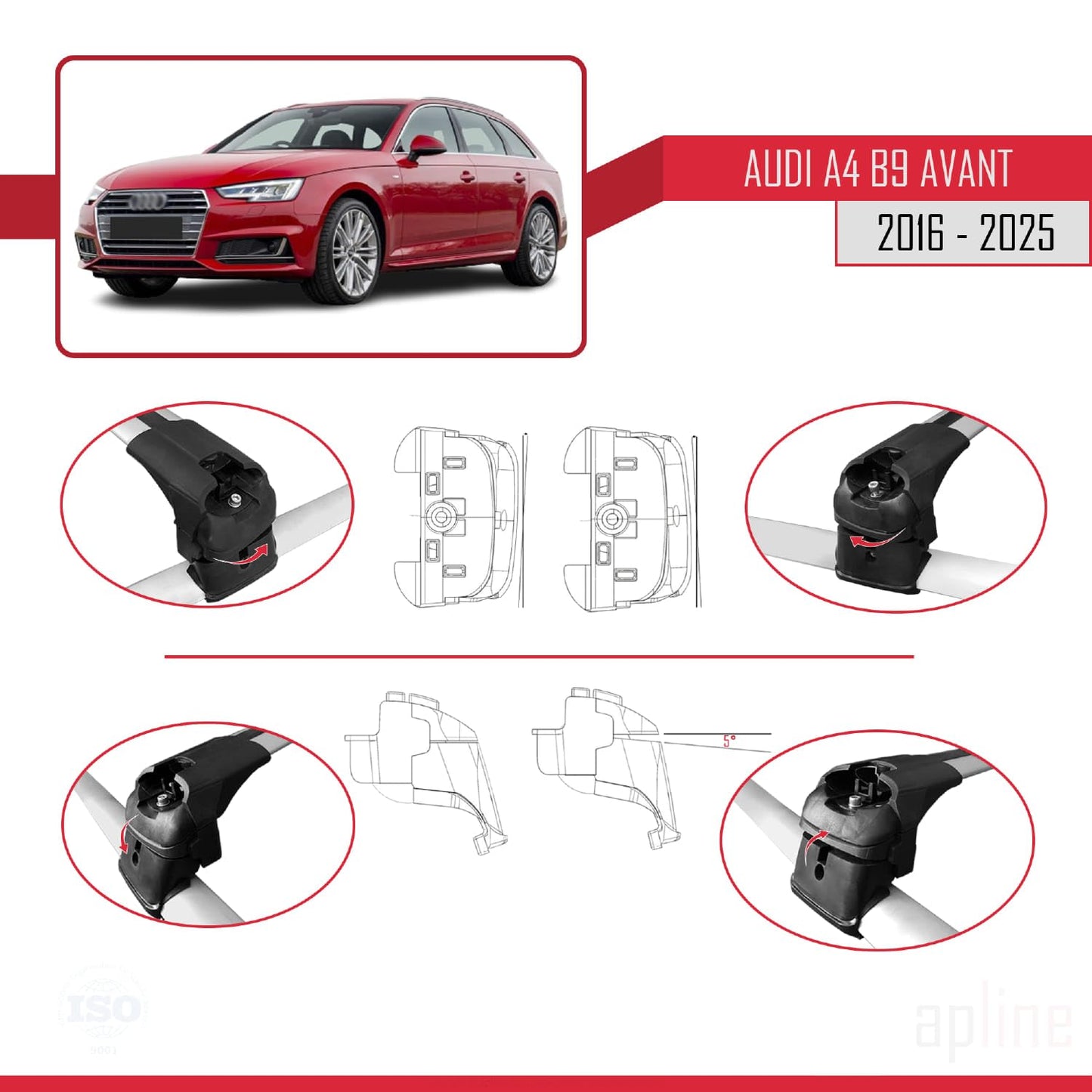 Compatible with Audi A4 (B9) Avant 2016-2025 ACE-2 Car Roof Rack Cross Bar Grey Aluminium 2 Bars