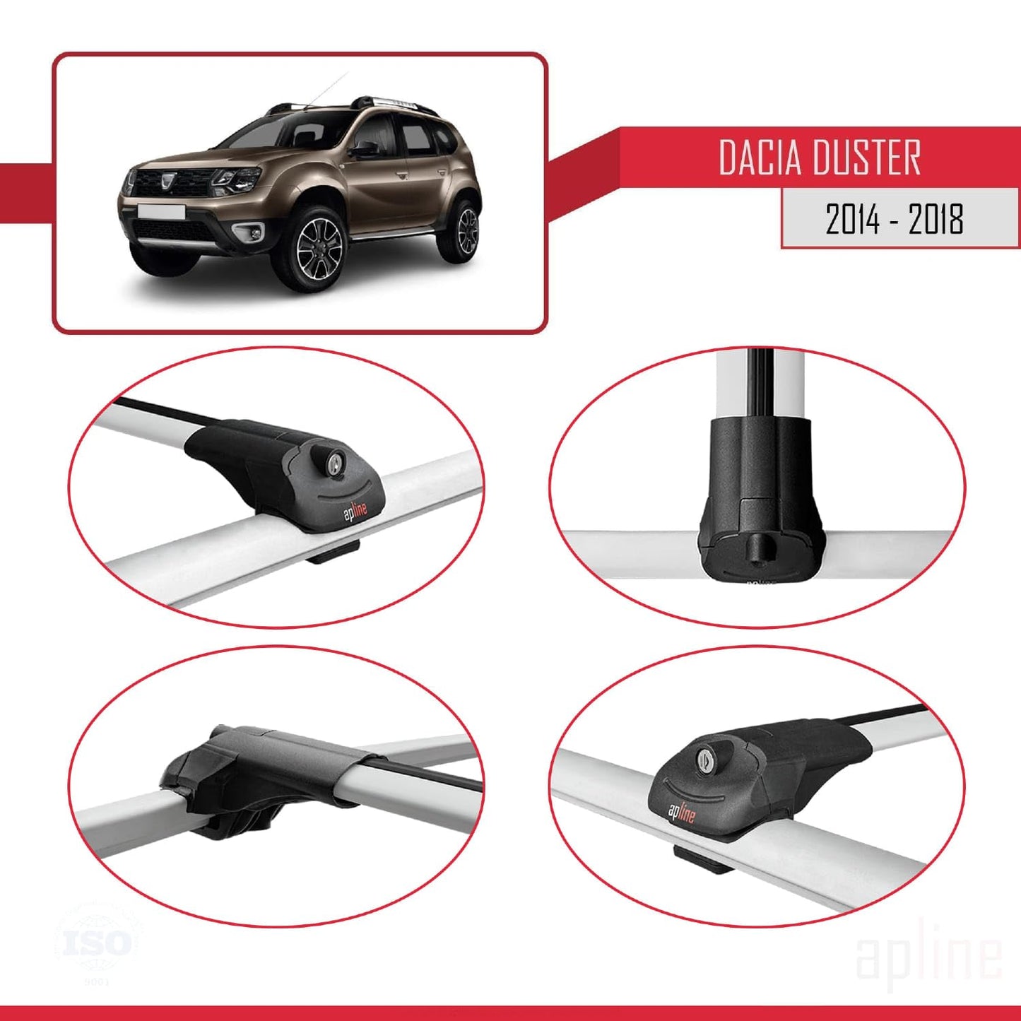 Compatible with Dacia Duster (HS) Post-Facelift 2014-2017 ACE-1 Car Roof Rack Cross Bar Grey Aluminium 3 Bars
