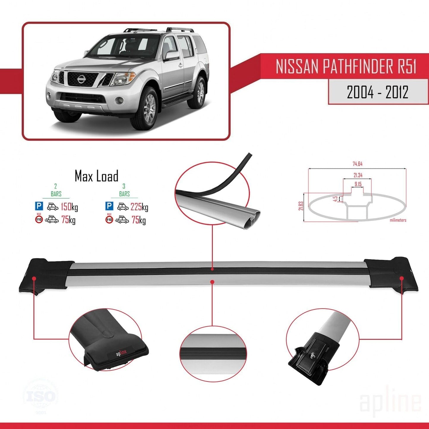 Compatible with Nissan Pathfinder 3 (R51) 2004-2012 Fly Model Car Roof Rack Cross Bar Grey Aluminium 2 Bars