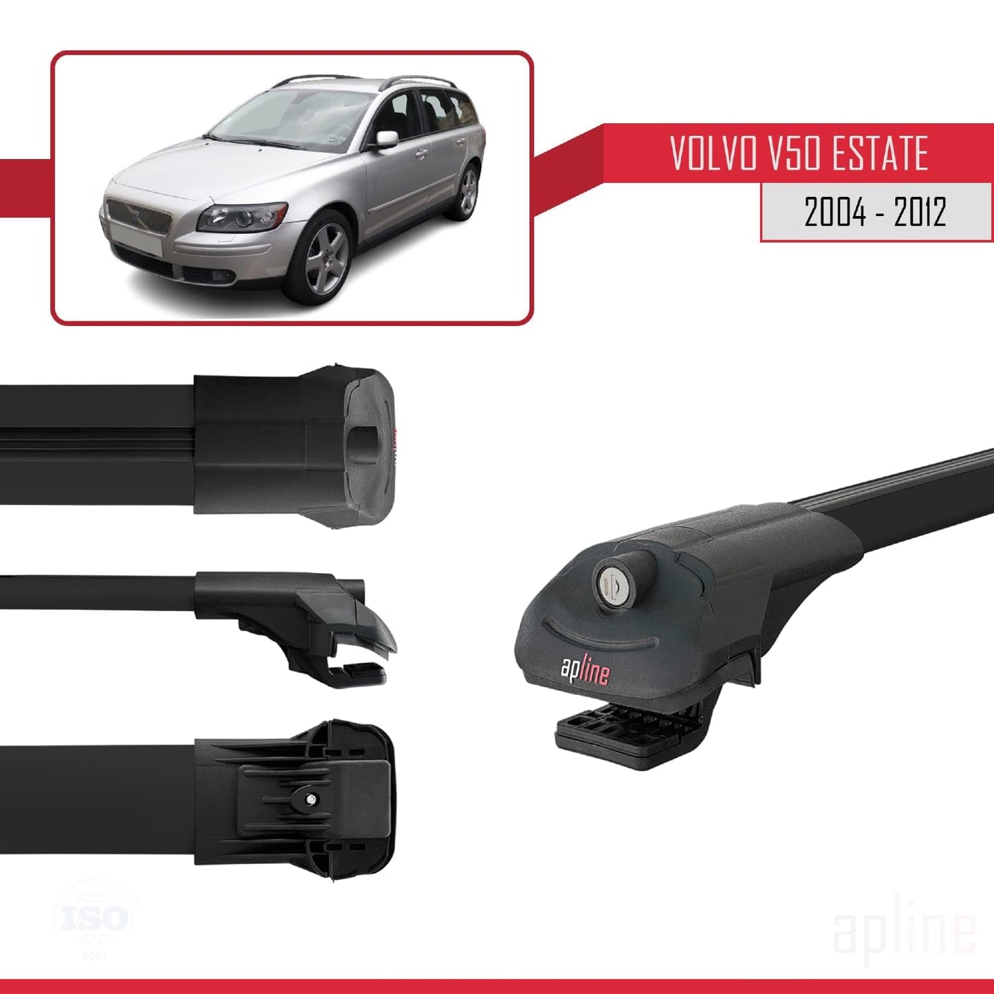 Compatible with Volvo V50 2004-2012 ACE-1 Car Roof Rack Cross Bar Black Aluminium 2 Bars