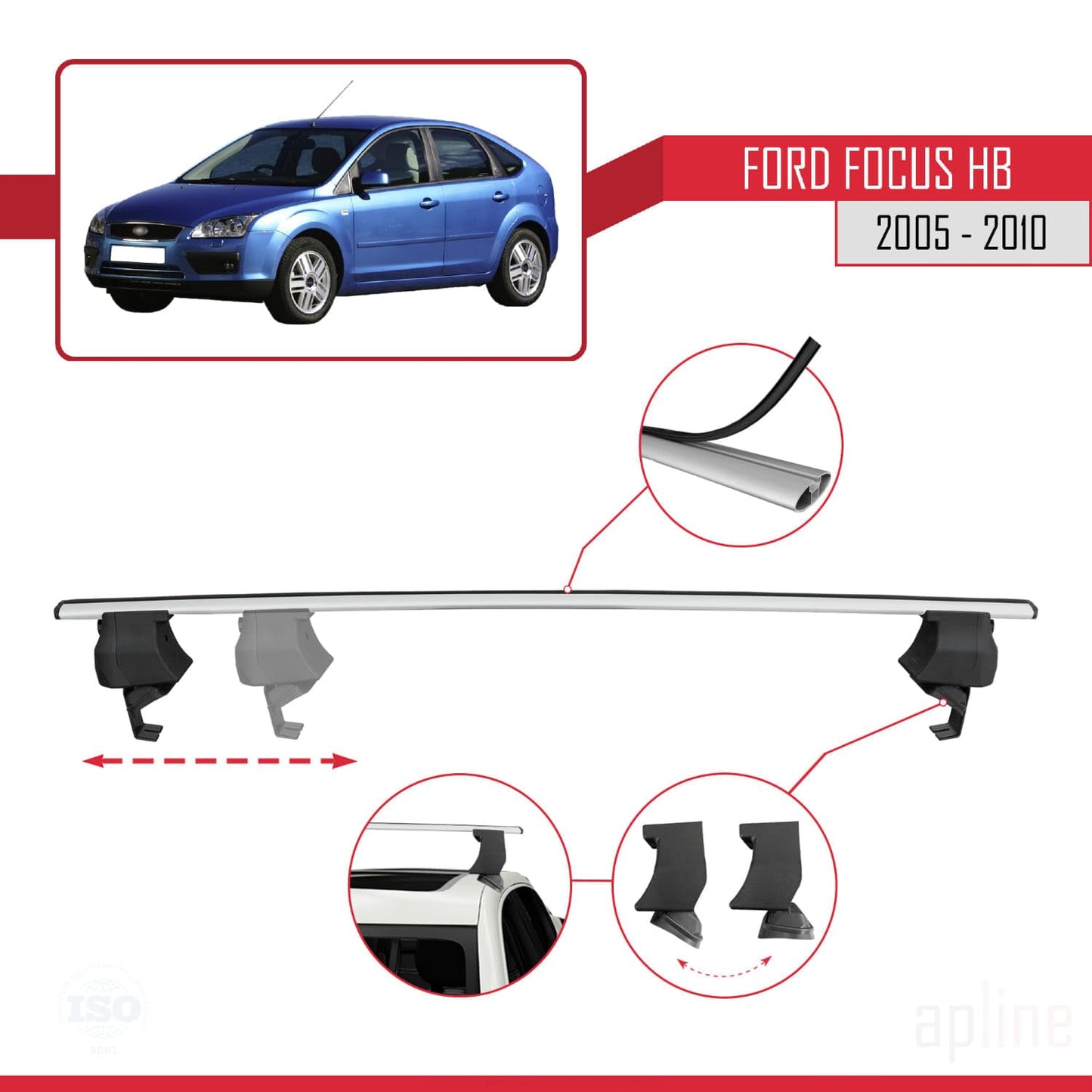 Compatible with Ford Focus 2 (C307) HB 2005-2010 ACE-4 Car Roof Rack Cross Bar Grey Aluminium 2 Bars