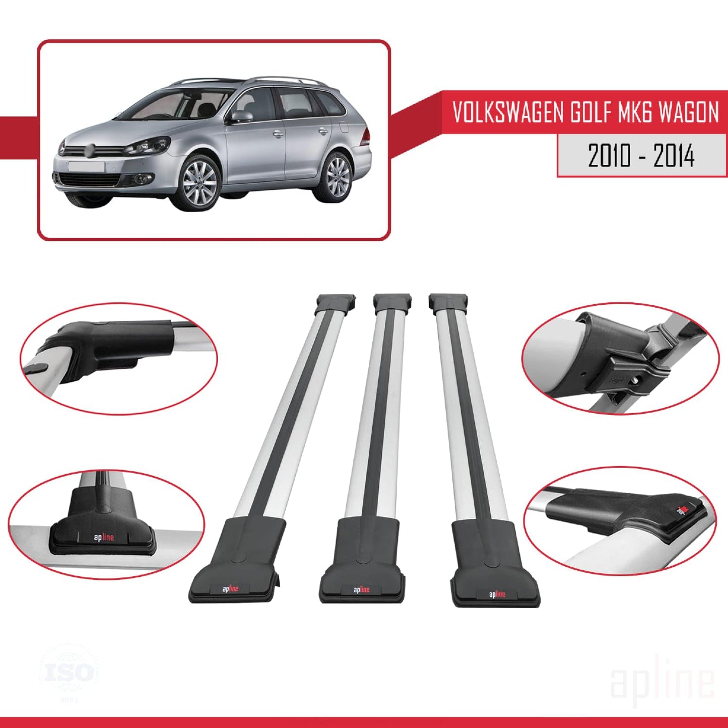 Compatible with VW Golf Mk6 Wagon 2010-2014 Fly Model Car Roof Rack Cross Bar Grey Aluminium 3 Bars