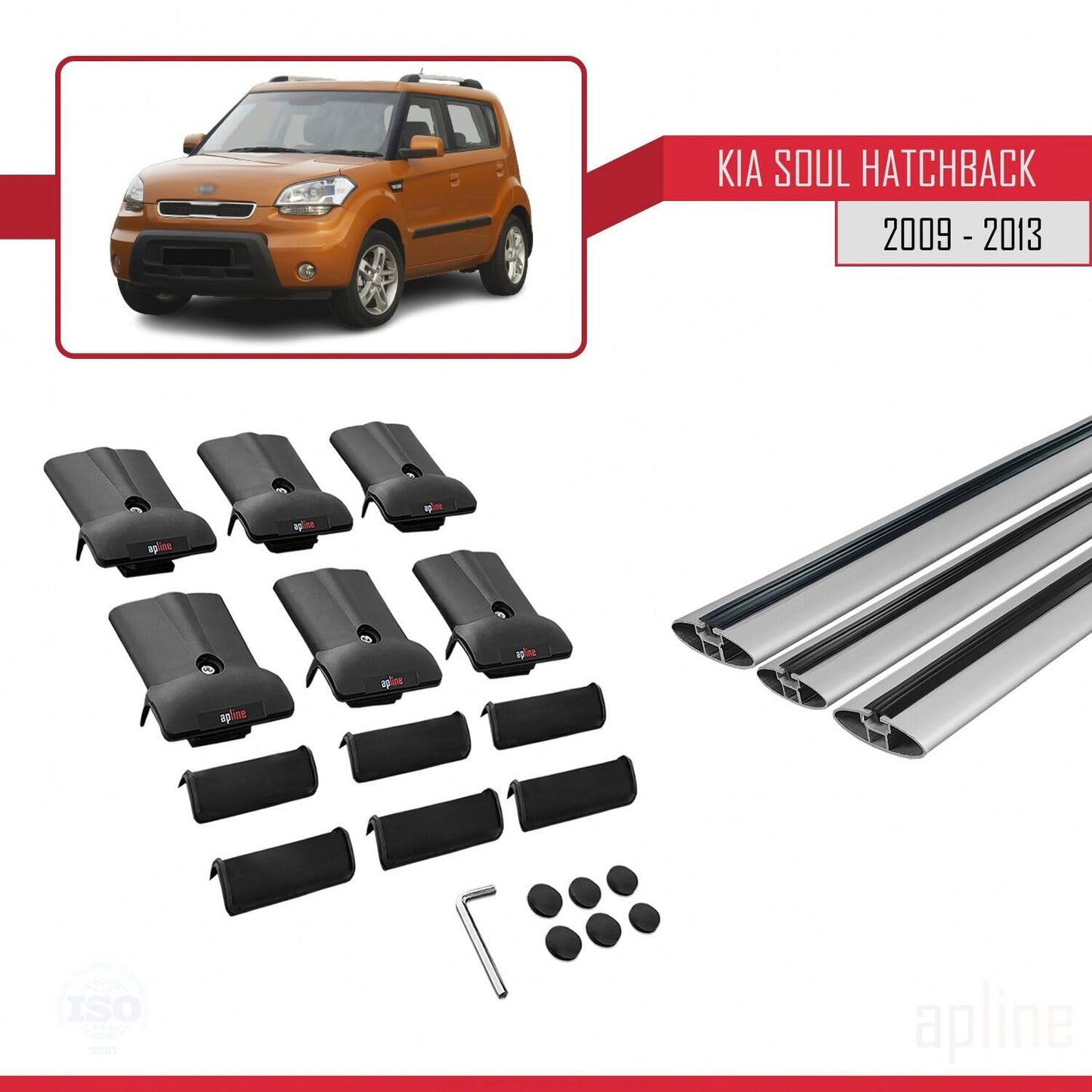 Compatible with Kia Soul (AM) HB 2009-2013 Fly Model Car Roof Rack Cross Bar Grey Aluminium 3 Bars