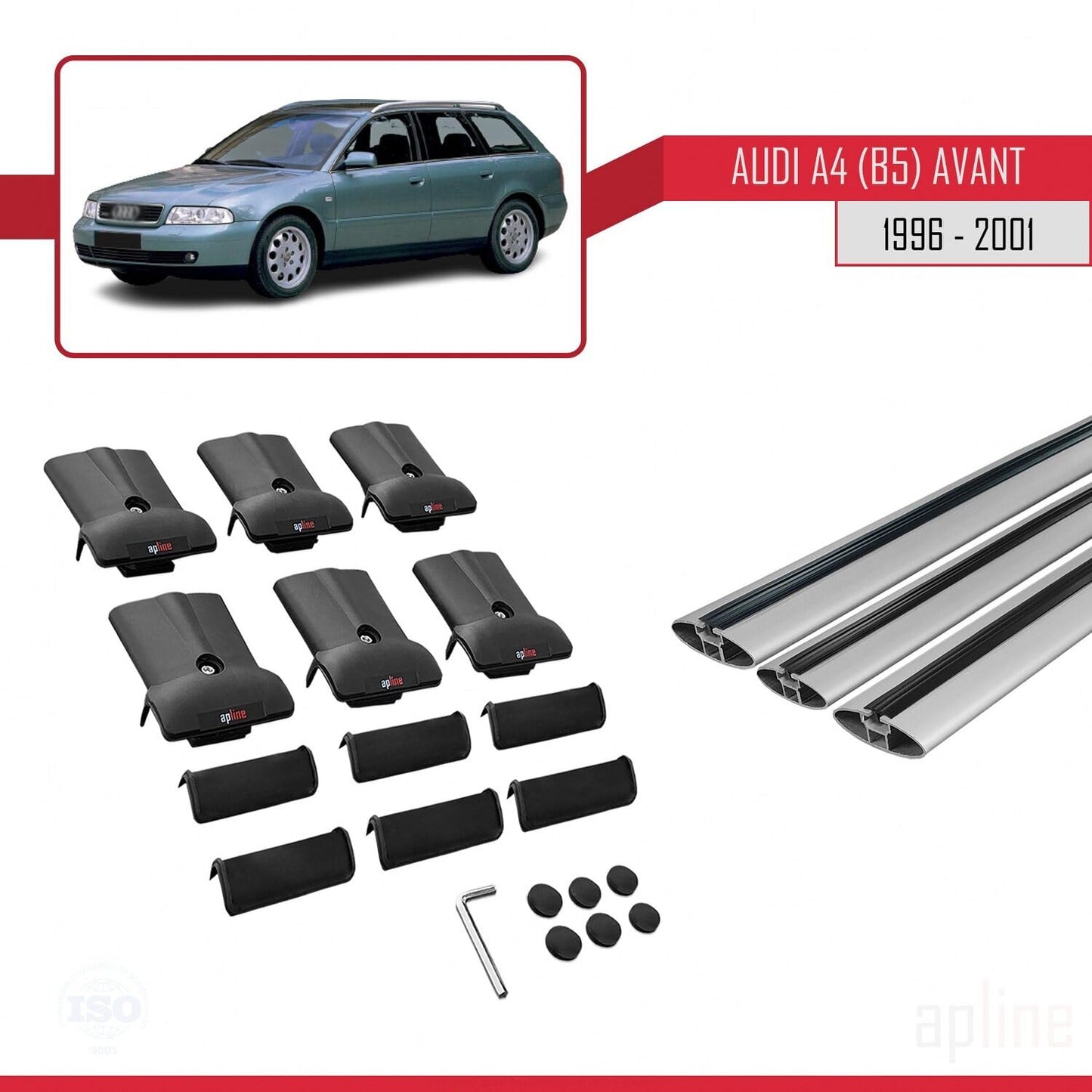 Compatible with Audi A4 (B5) Avant 1996-2001 Fly Model Car Roof Rack Cross Bar Grey Aluminium 3 Bars