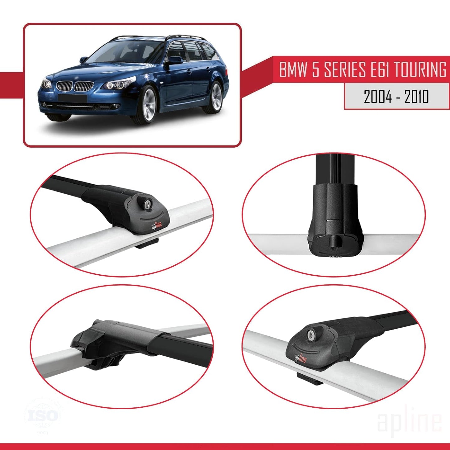 Compatible with BMW 5 Series (E61) Touring 2004-2010 ACE-1 Car Roof Rack Cross Bar Black Aluminium 3 Bars