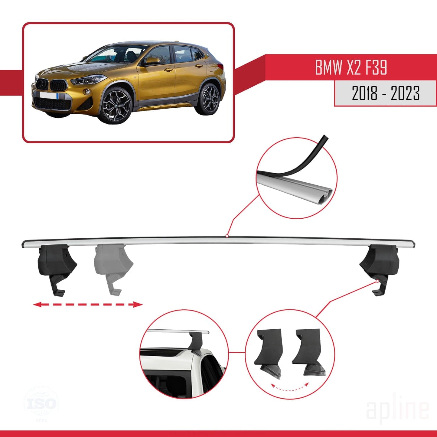Compatible with BMW X2 (F39) 2018-2023 ACE-4 Car Roof Rack Cross Bar Grey Aluminium 2 Bars