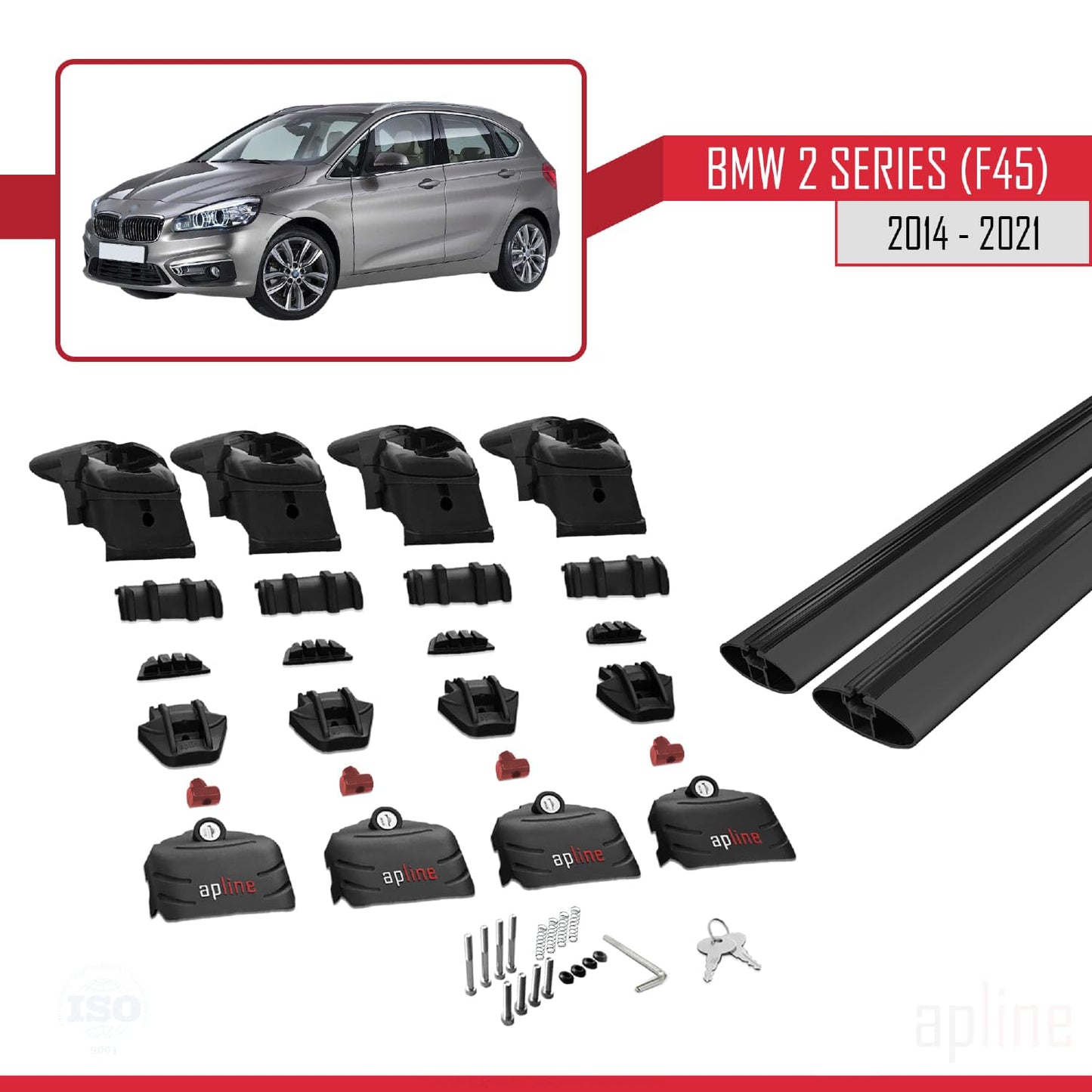 Compatible with BMW 2 Series (F45) Active Tourer 2014-2021 ACE-2 Car Roof Rack Cross Bar Black Aluminium 2 Bars