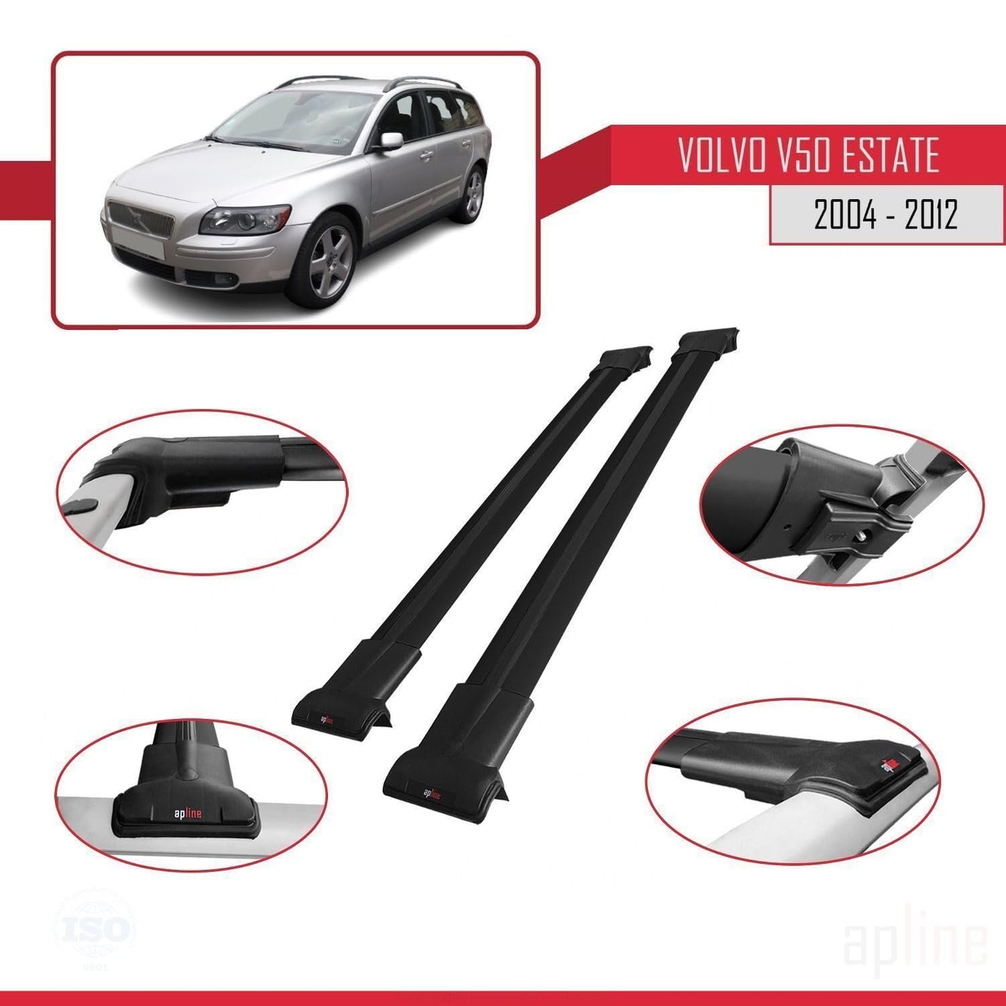 Compatible with Volvo V50 2004-2012 Fly Model Car Roof Rack Cross Bar Black Aluminium 2 Bars