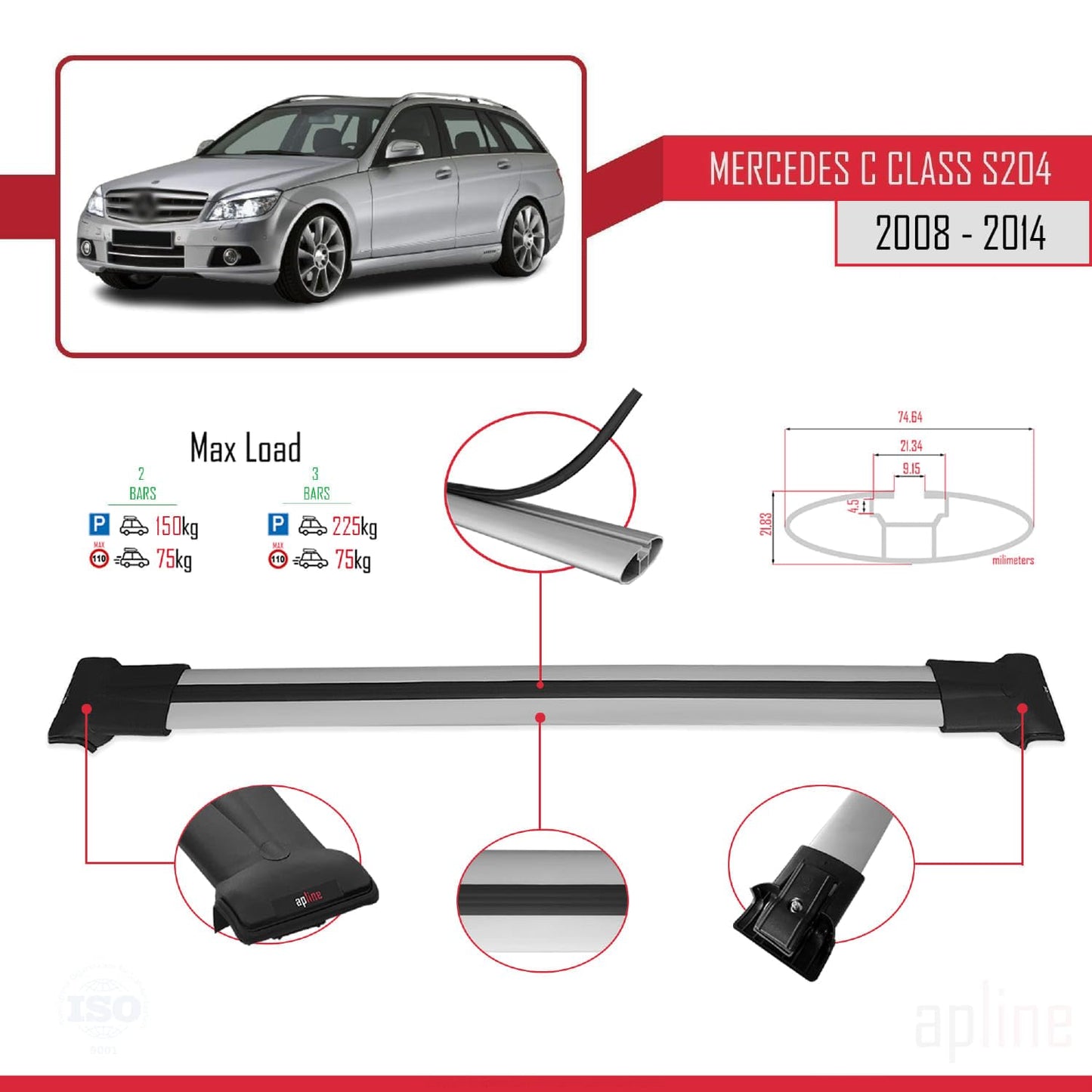 Compatible with Mercedes C Class 3 (S204) 2008-2014 Fly Model Car Roof Rack Cross Bar Grey Aluminium 2 Bars