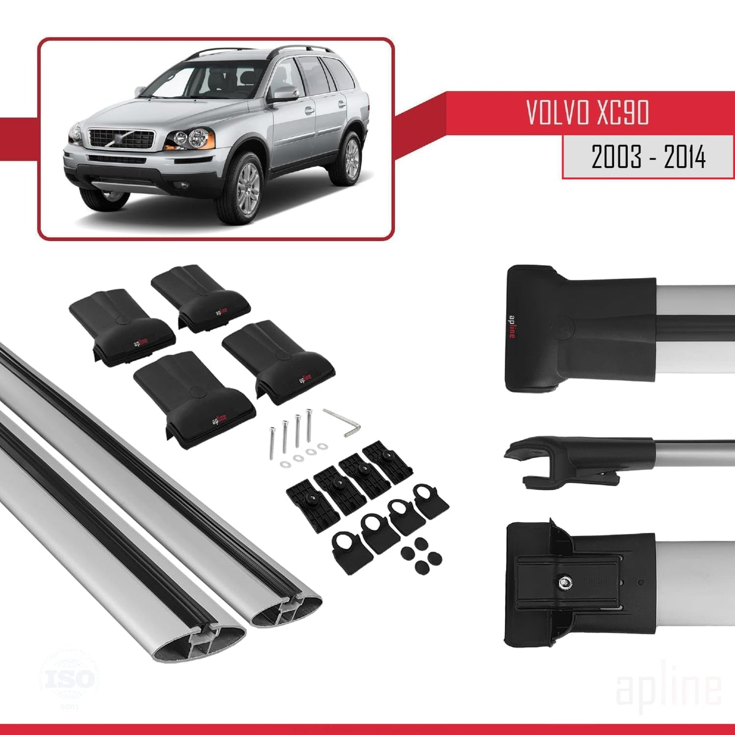 Compatible with Volvo XC90 2003-2014 Fly Model Car Roof Rack Cross Bar Grey Aluminium 2 Bars