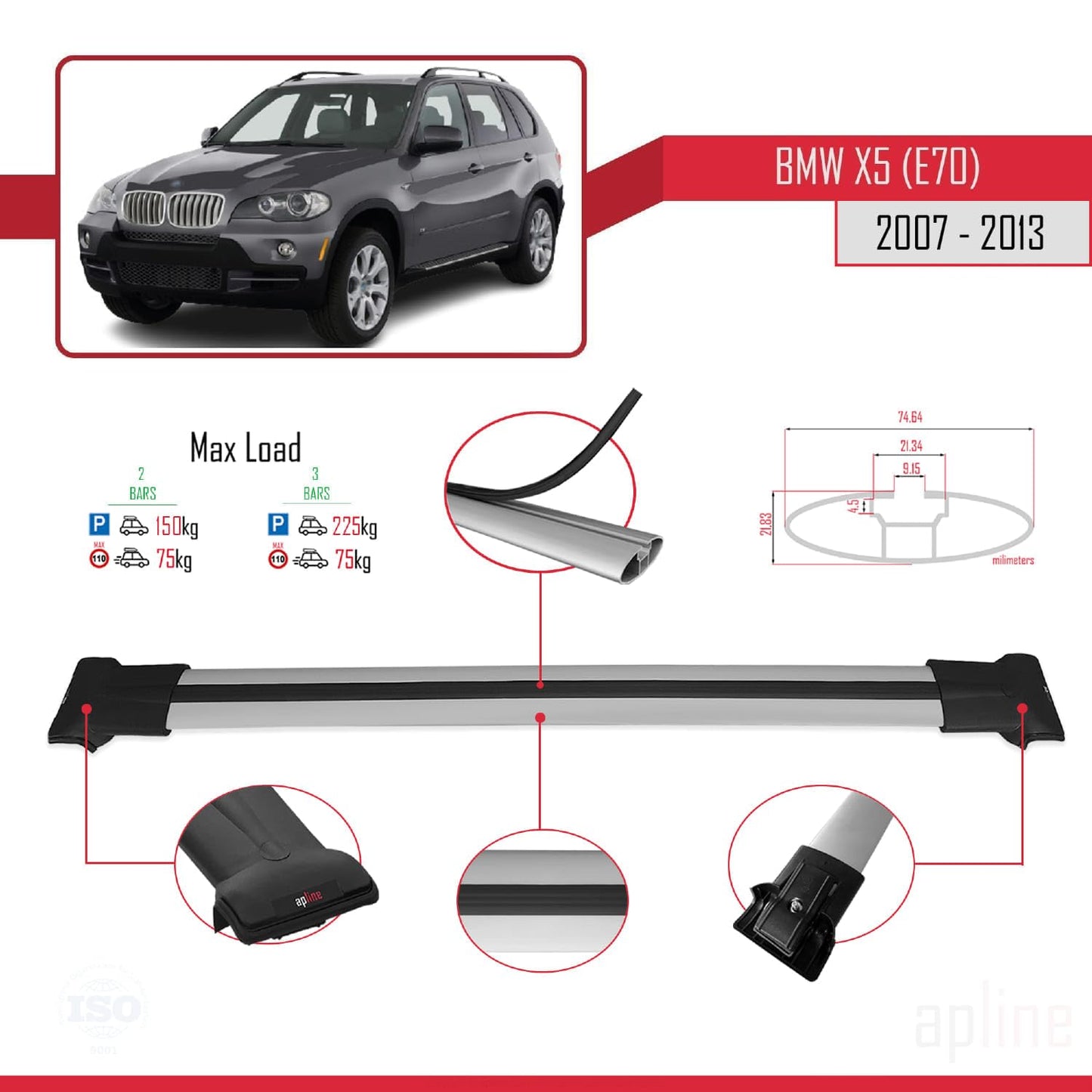 Compatible with BMW X5 (E70) 2007-2013 Fly Model Car Roof Rack Cross Bar Grey Aluminium 2 Bars