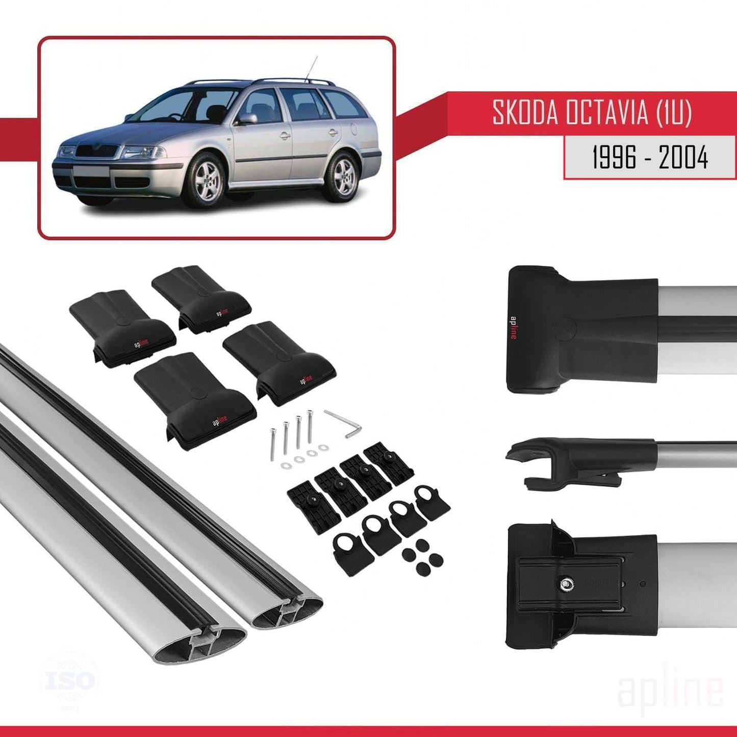 Compatible with Skoda Octavia (1U) 1996-2004 Fly Model Car Roof Rack Cross Bar Grey Aluminium 2 Bars