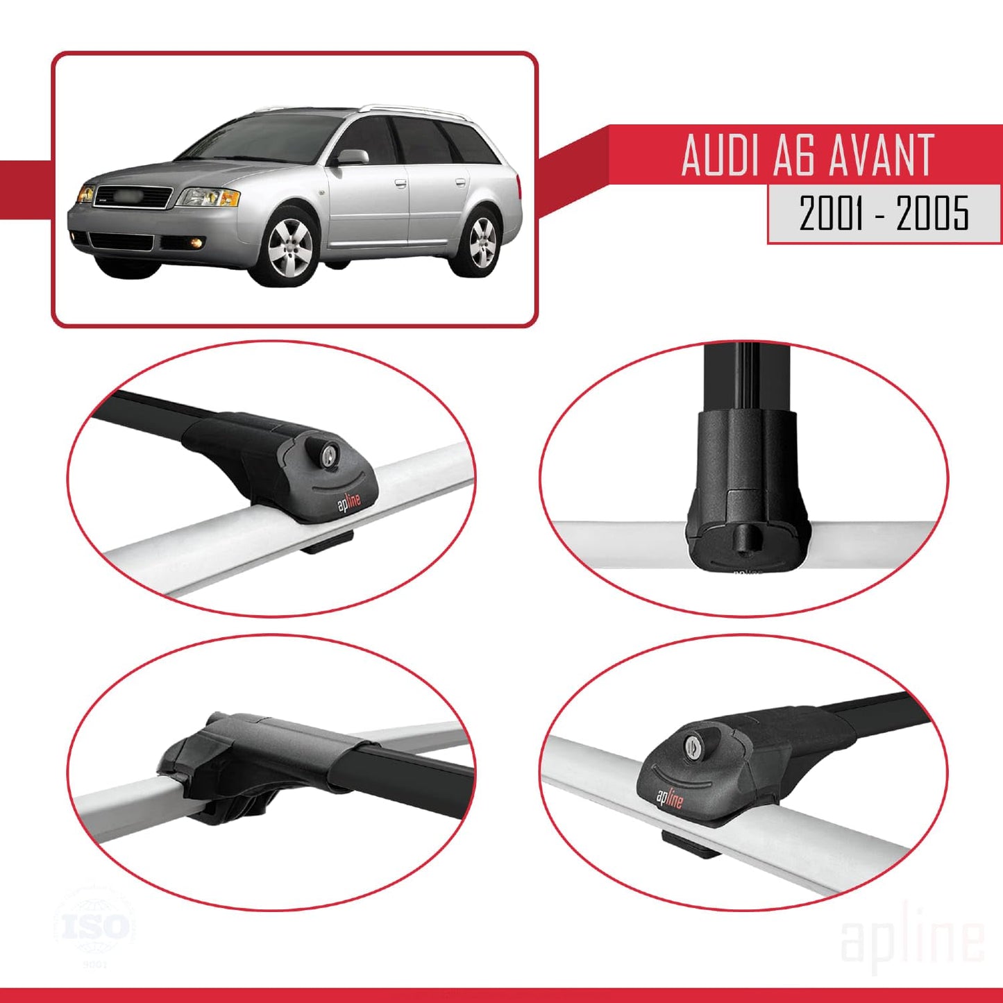 Compatible with Audi A6 Avant 2001-2005 ACE-1 Car Roof Rack Cross Bar Black Aluminium 3 Bars