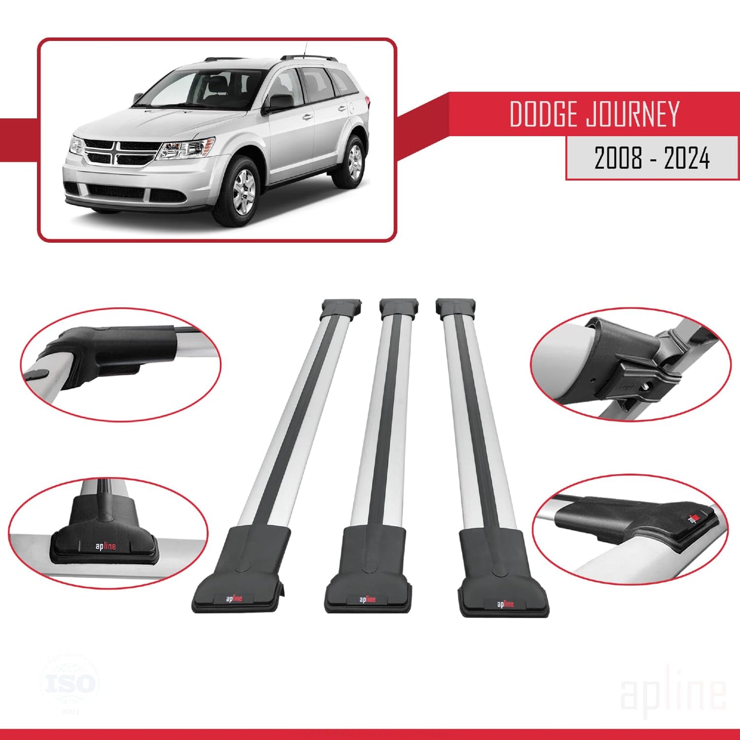 Compatible with Dodge Journey 2008-2024 Fly Model Car Roof Rack Cross Bar Grey Aluminium 3 Bars
