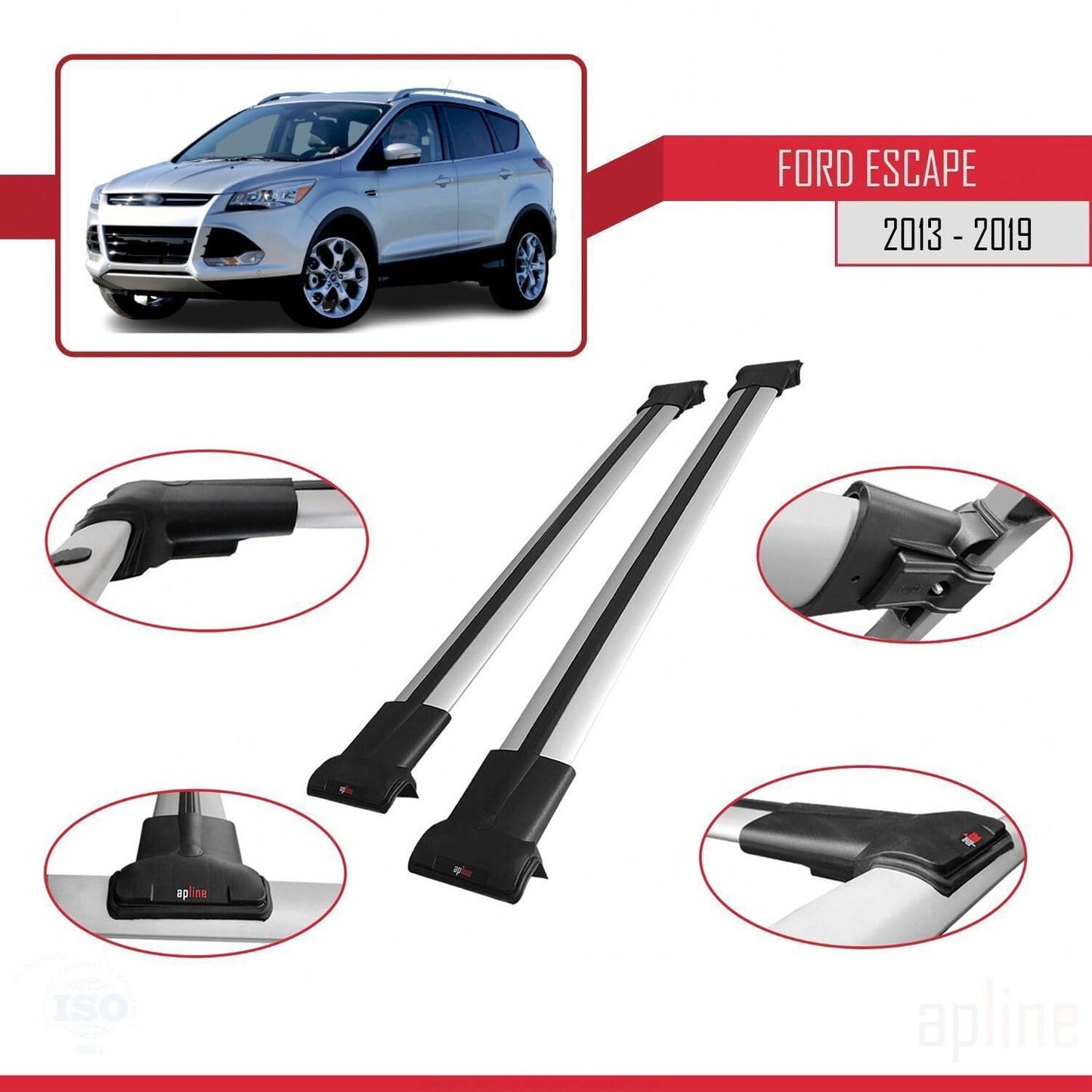 Compatible with Ford Escape 3 2013-2019 Fly Model Car Roof Rack Cross Bar Grey Aluminium 2 Bars