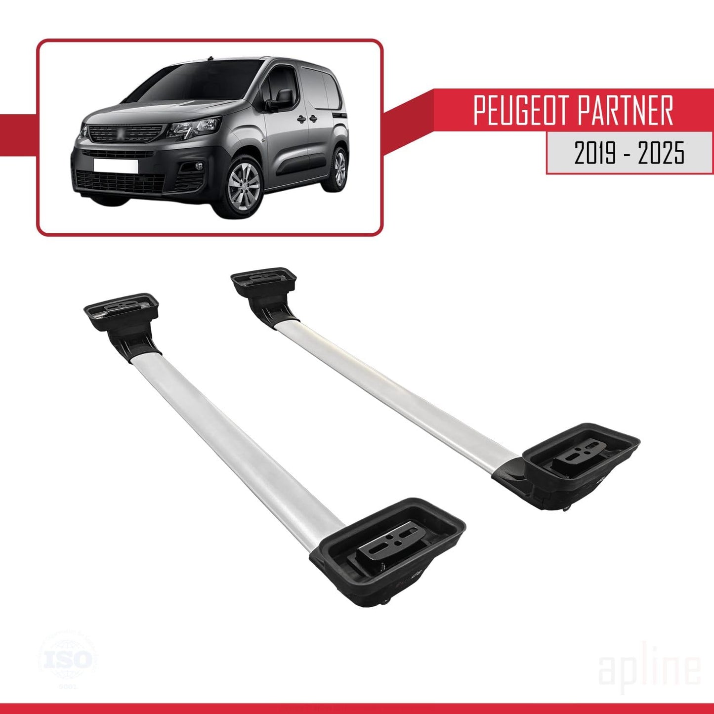 Compatible with Peugeot Partner 2019-2025 ACE-3 Car Roof Rack Cross Bar Grey Aluminium 2 Bars