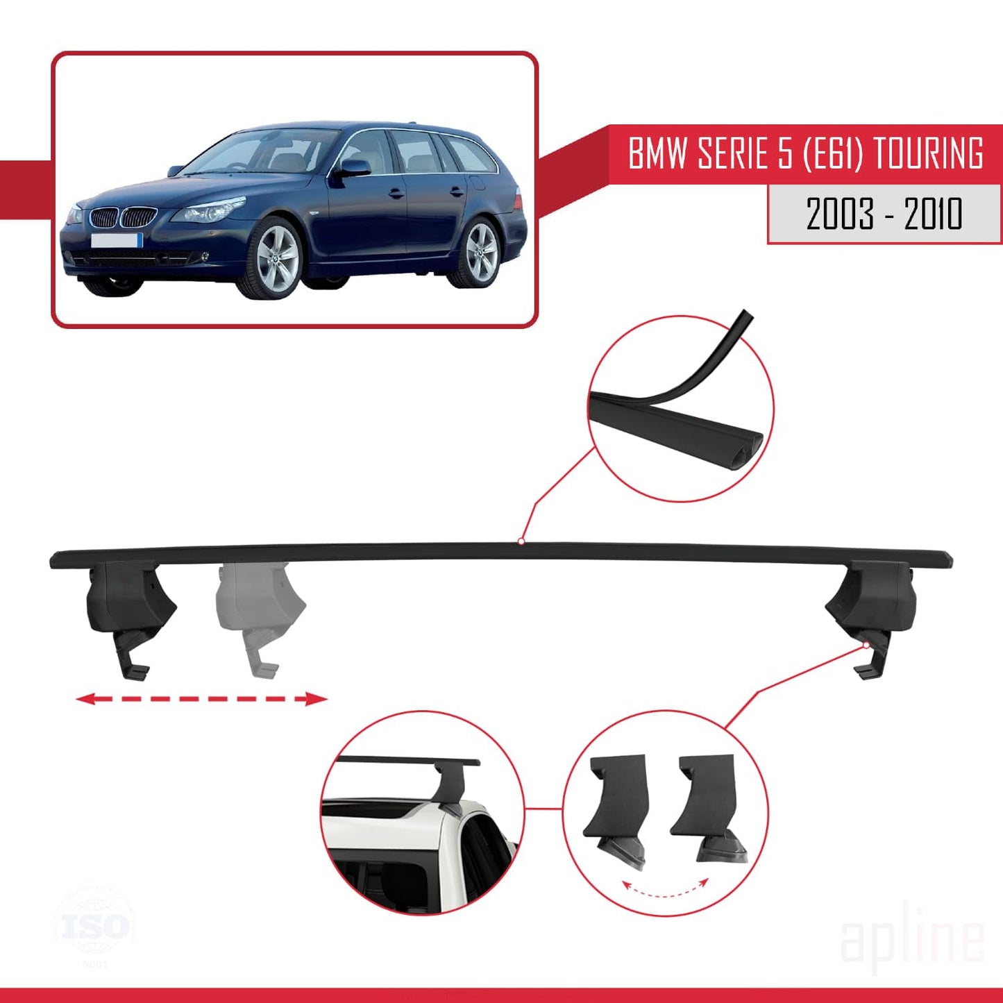 Compatible with BMW 5 Series (E61) Touring 2004-2010 ACE-4 Car Roof Rack Cross Bar Black Aluminium 2 Bars