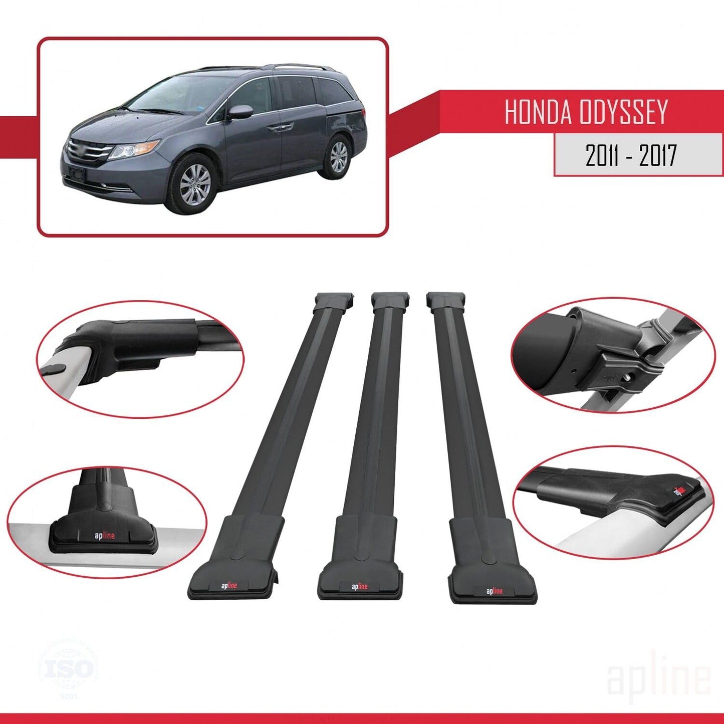 Compatible with Honda Odyssey 2011-2017 Fly Model Car Roof Rack Cross Bar Black Aluminium 3 Bars