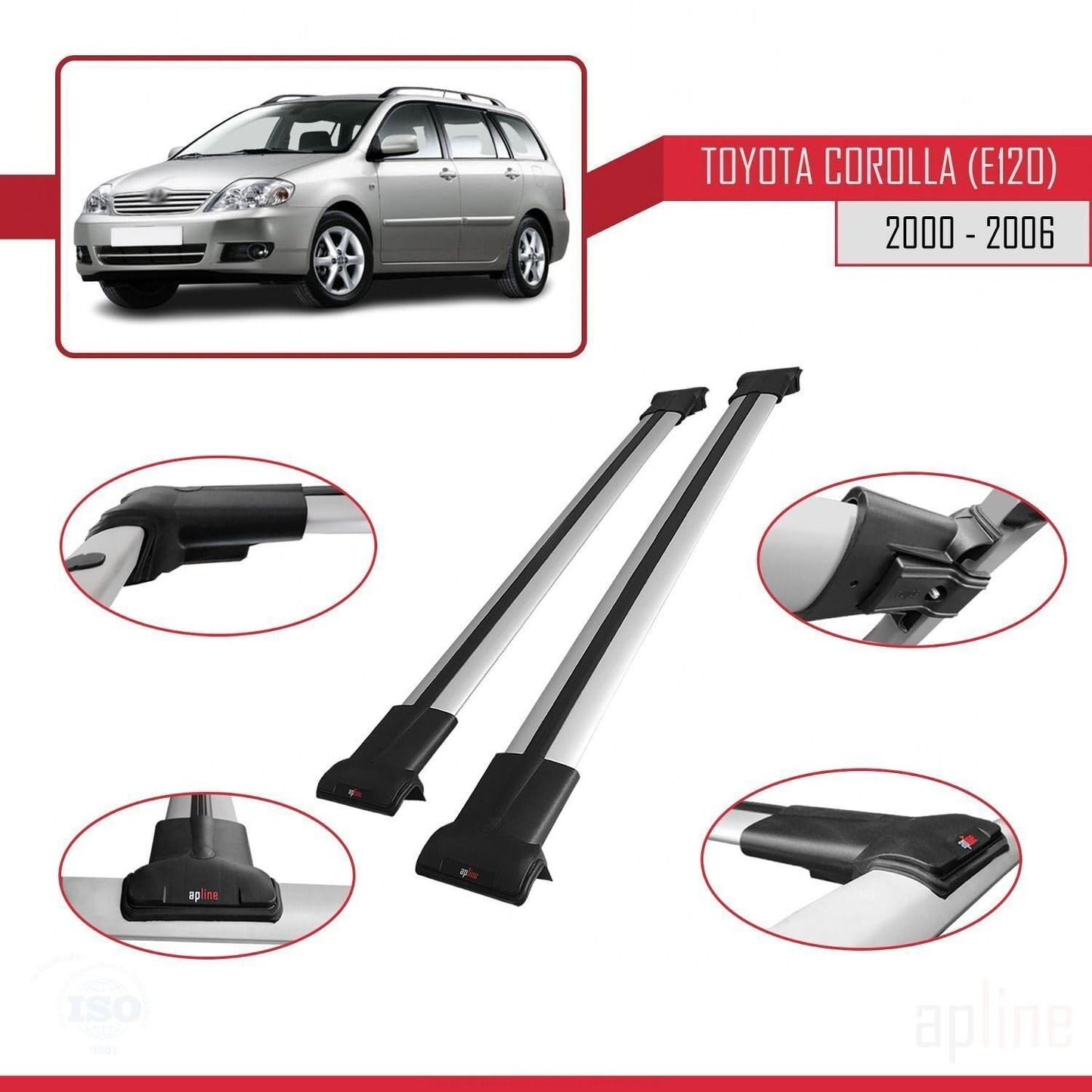 Compatible with Toyota Corolla 9 (E120) SW 2000-2006 Fly Model Car Roof Rack Cross Bar Grey Aluminium 2 Bars