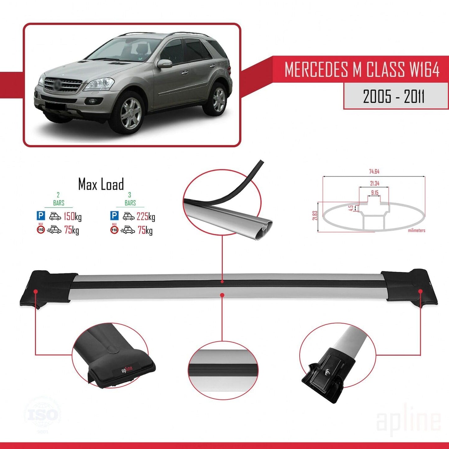 Compatible with Mercedes M Class 2 (W164) 2005-2011 Fly Model Car Roof Rack Cross Bar Grey Aluminium 2 Bars