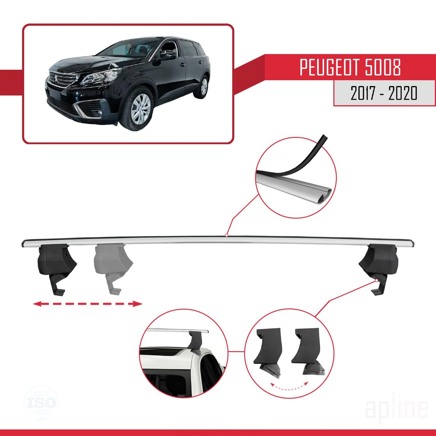 Compatible with Peugeot 5008 II (P87) Pre-Facelift 2017-2020 ACE-4 Car Roof Rack Cross Bar Grey Aluminium 2 Bars