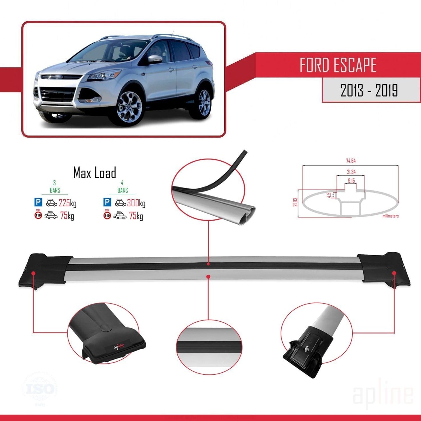 Compatible with Ford Escape 3 2013-2019 Fly Model Car Roof Rack Cross Bar Grey Aluminium 3 Bars