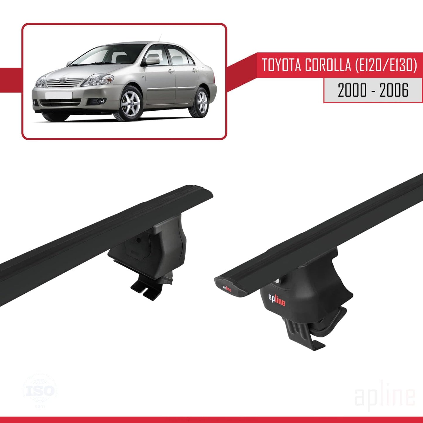 Compatible with Toyota Corolla 9 (E120) Sedan 2000-2006 ACE-4 Car Roof Rack Cross Bar Black Aluminium 2 Bars