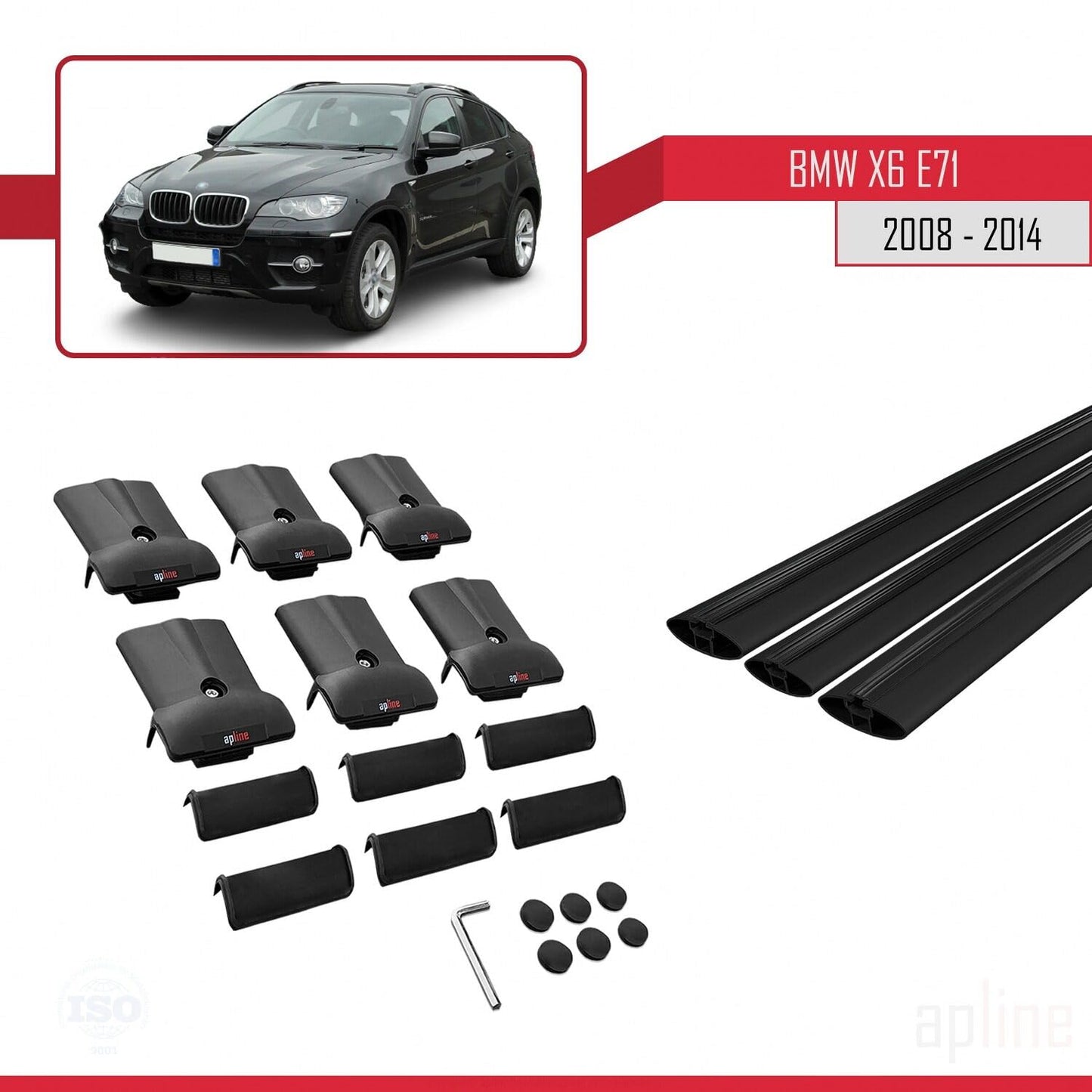 Compatible with BMW X6 (E71) 2008-2014 Fly Model Car Roof Rack Cross Bar Black Aluminium 3 Bars