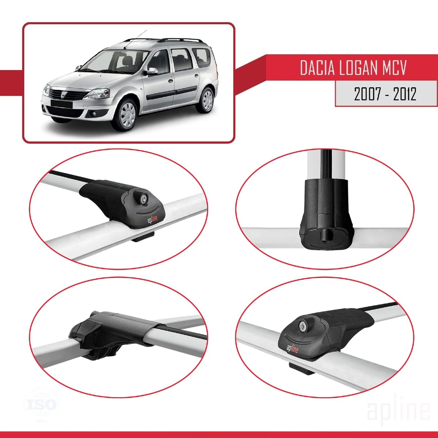 Compatible with Dacia Logan 2 MCV (K52) 2007-2012 ACE-1 Car Roof Rack Cross Bar Grey Aluminium 3 Bars