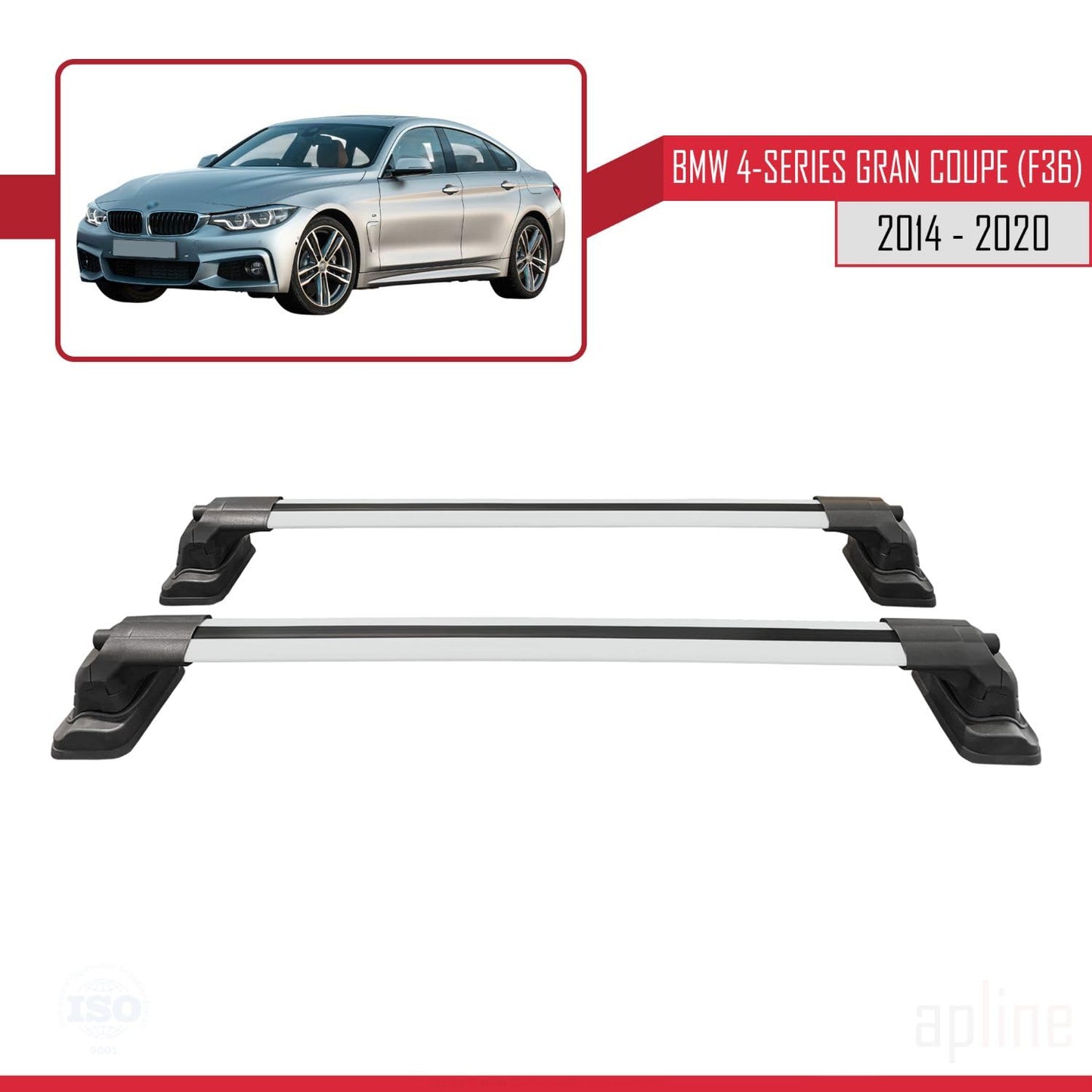 Compatible with BMW 4 Series Gran Coupe (F36) 2014-2020 ACE-3 Car Roof Rack Cross Bar Grey Aluminium 2 Bars
