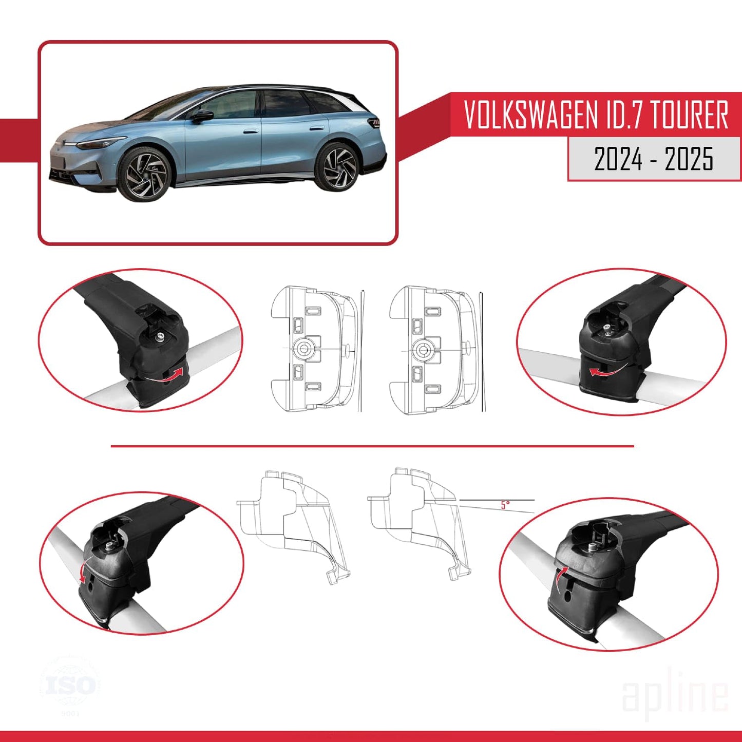 Compatible with Volkswagen ID.7 Tourer 2024-2025 ACE-2 Car Roof Rack Cross Bar Black Aluminium 2 Bars