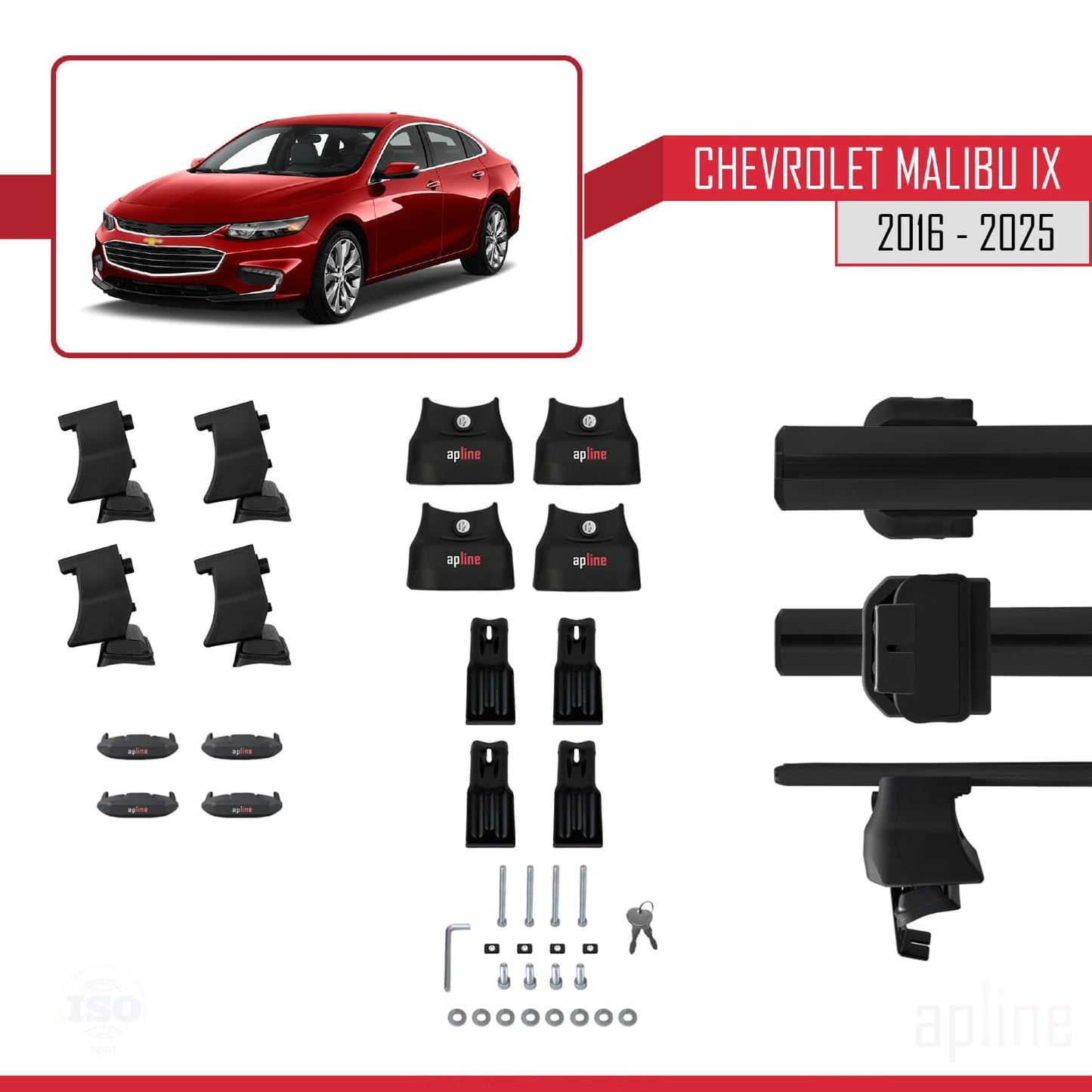 Compatible with Chevrolet Malibu IX 2016-2025 ACE-4 Car Roof Rack Cross Bar Black Aluminium 2 Bars