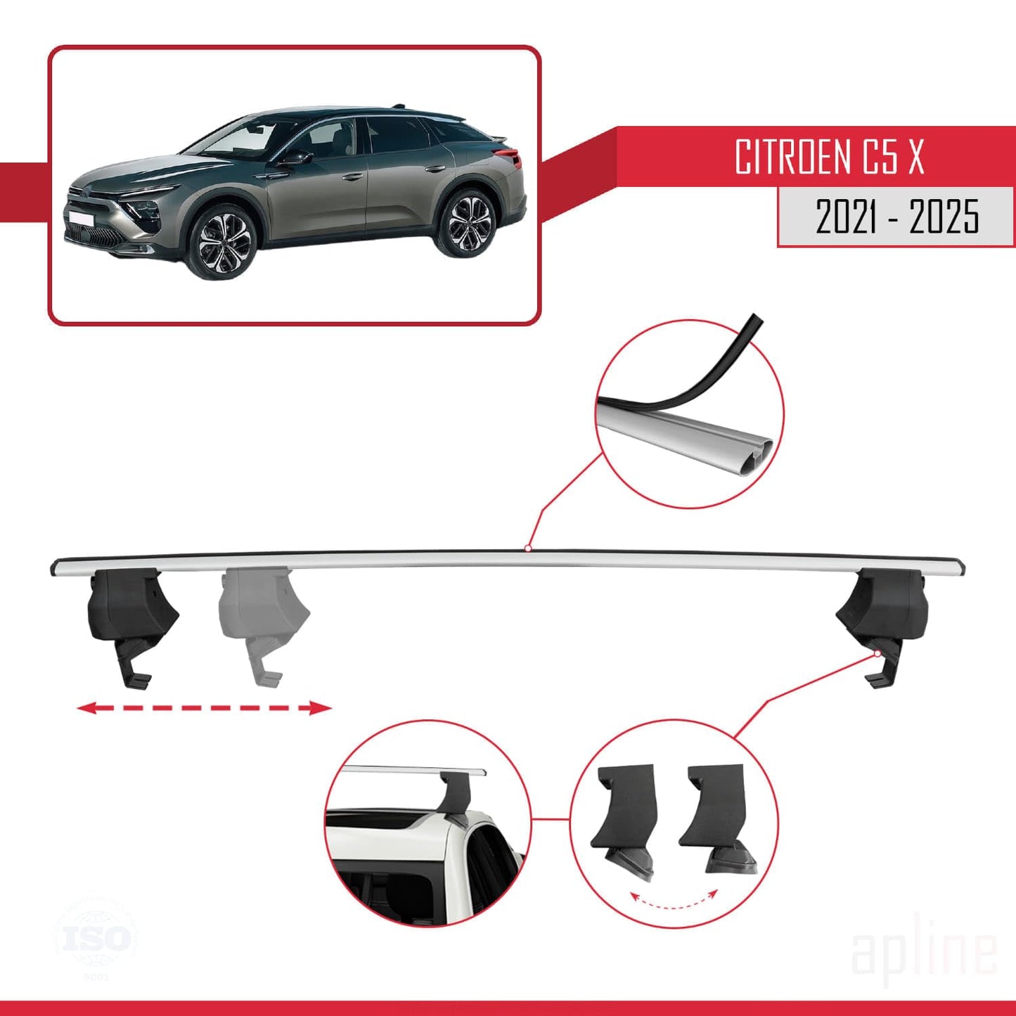 Compatible with Citroen C5 X (E43) 2021-2025 ACE-4 Car Roof Rack Cross Bar Grey Aluminium 2 Bars