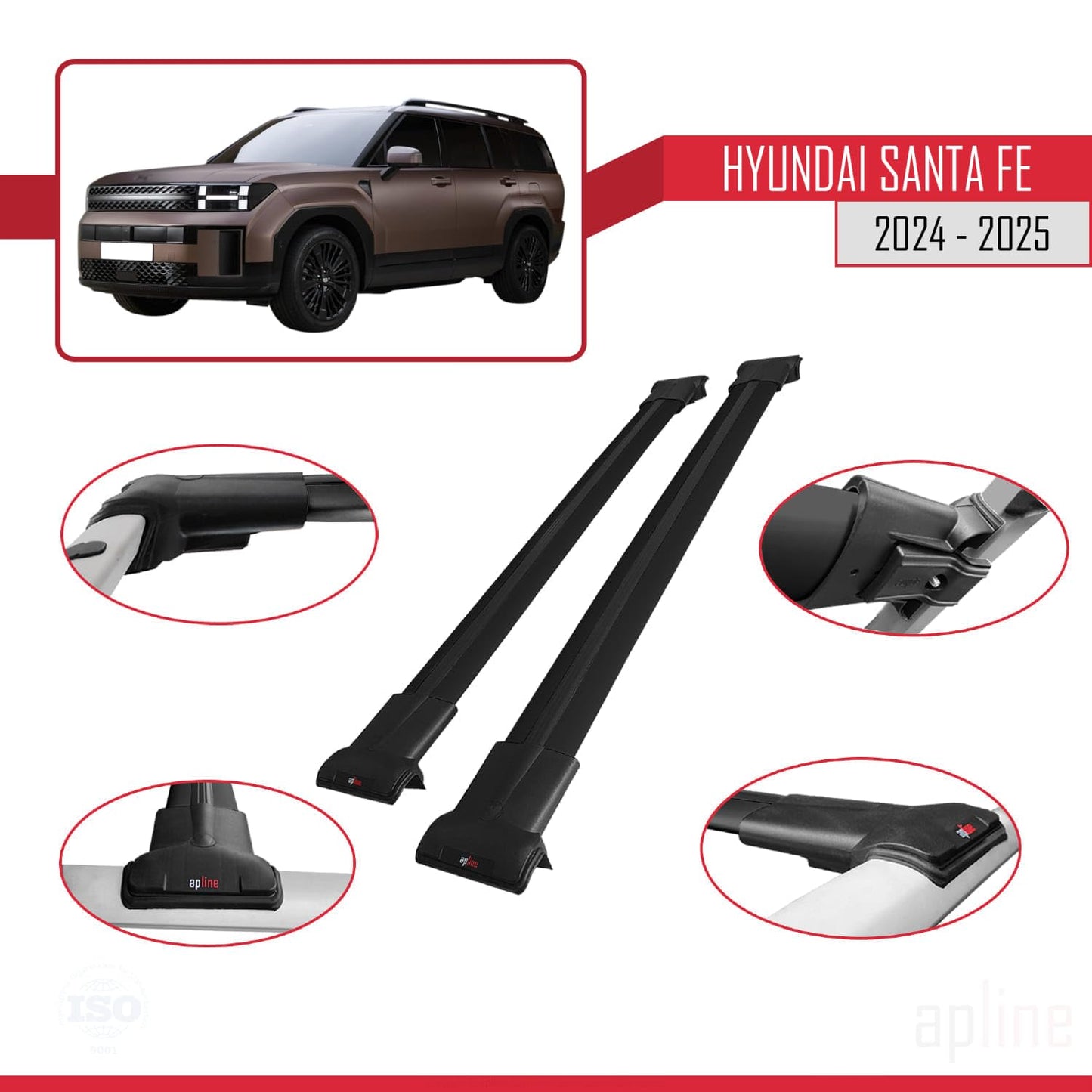 Compatible with Hyundai Santa Fe 2024-2025 Fly Model Car Roof Rack Cross Bar Black Aluminium 2 Bars