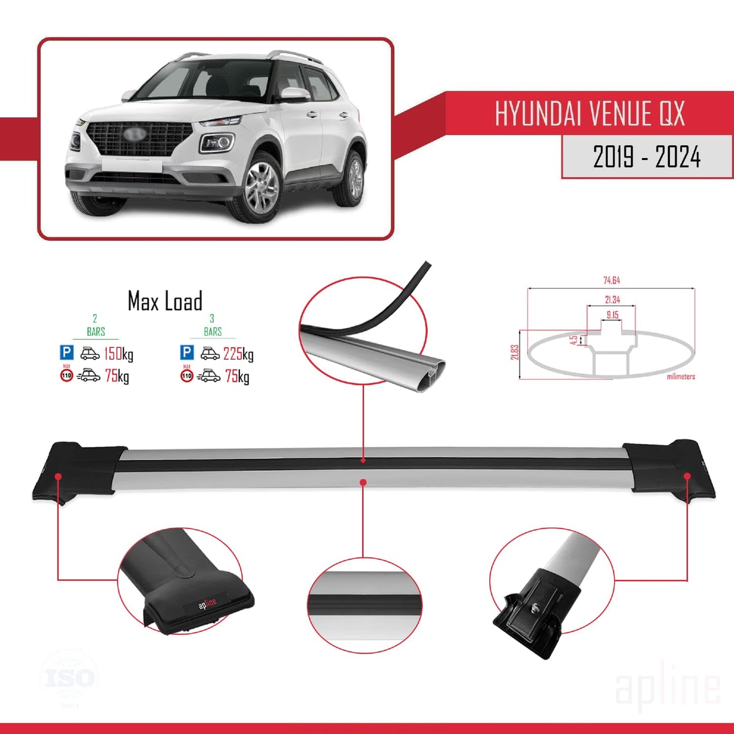 Compatible with Hyundai Venue (QX) 2019-2024 Fly Model Car Roof Rack Cross Bar Grey Aluminium 2 Bars