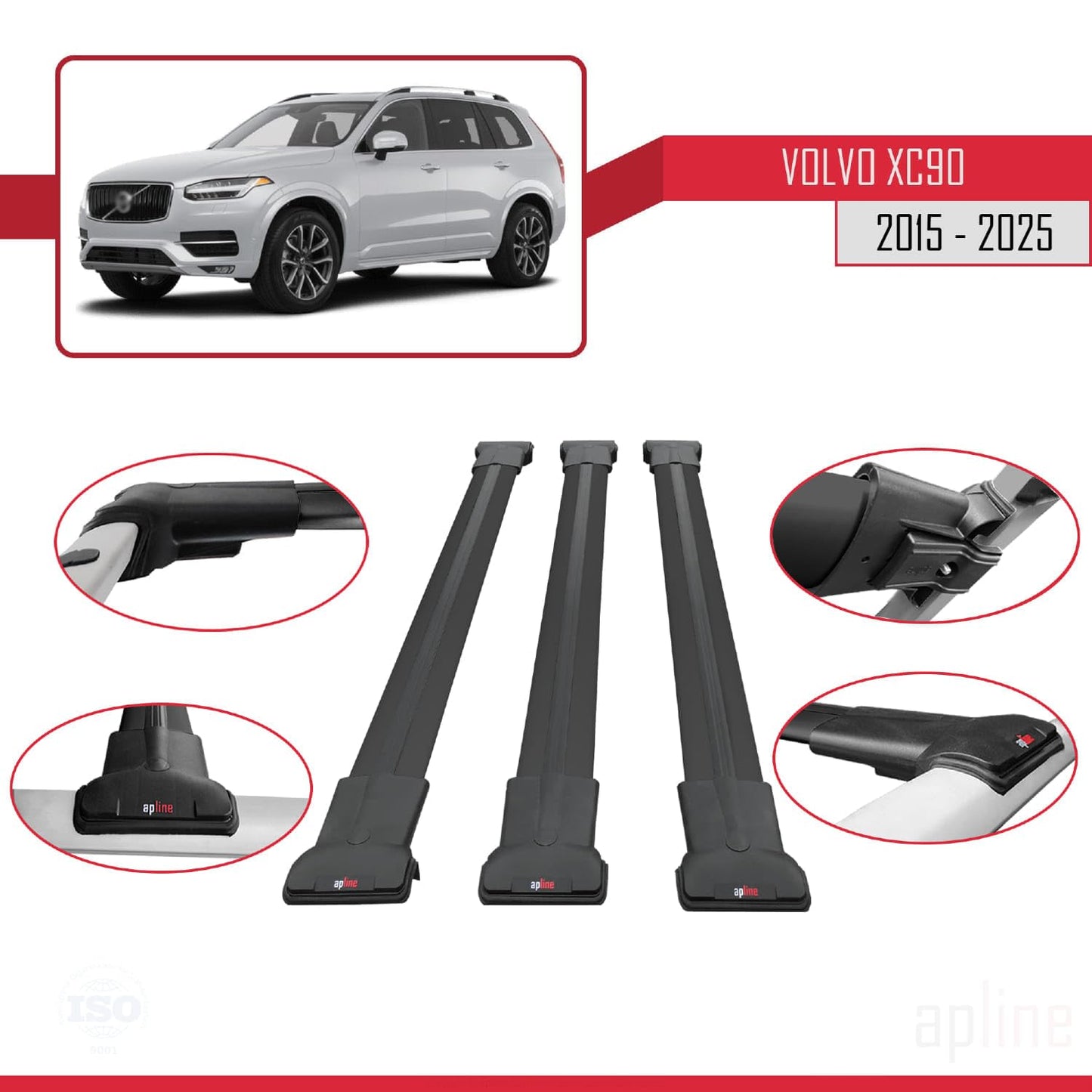 Compatible with Volvo XC90 II 2015-2025 Fly Model Car Roof Rack Cross Bar Black Aluminium 3 Bars