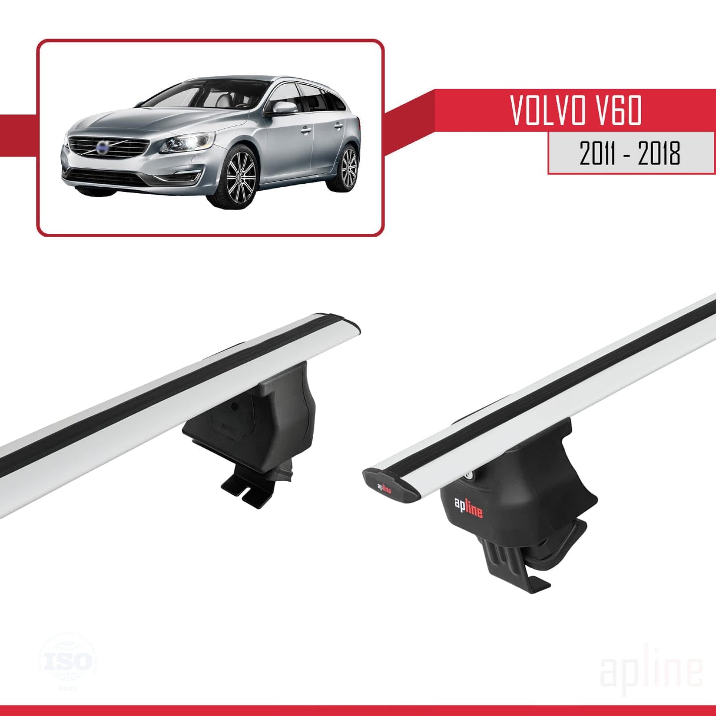 Compatible with Volvo V60 2011-2018 ACE-4 Car Roof Rack Cross Bar Grey Aluminium 2 Bars