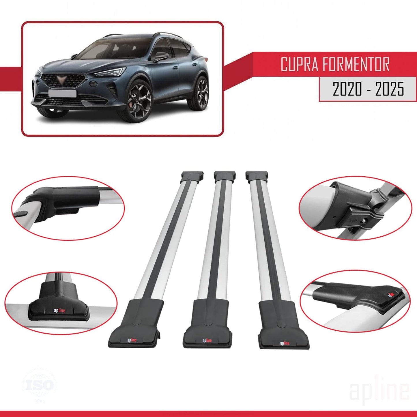 Compatible with Cupra Formentor 2020-2025 Fly Model Car Roof Rack Cross Bar Grey Aluminium 3 Bars